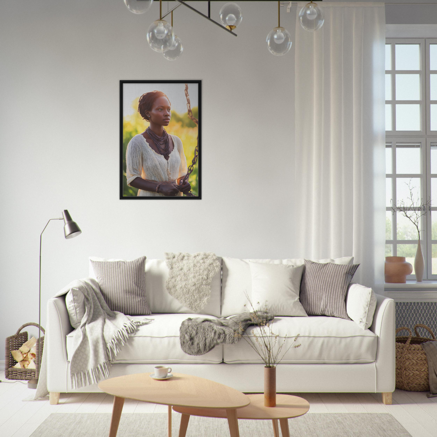 White sofa adorned with throw pillows and blankets from Technicolor Mindscape collection