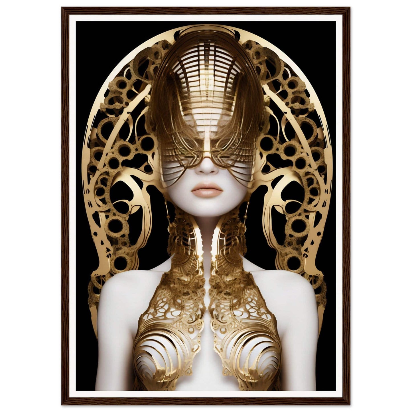 Surreal portrait of a figure wearing an elaborate golden headdress and body ornaments.