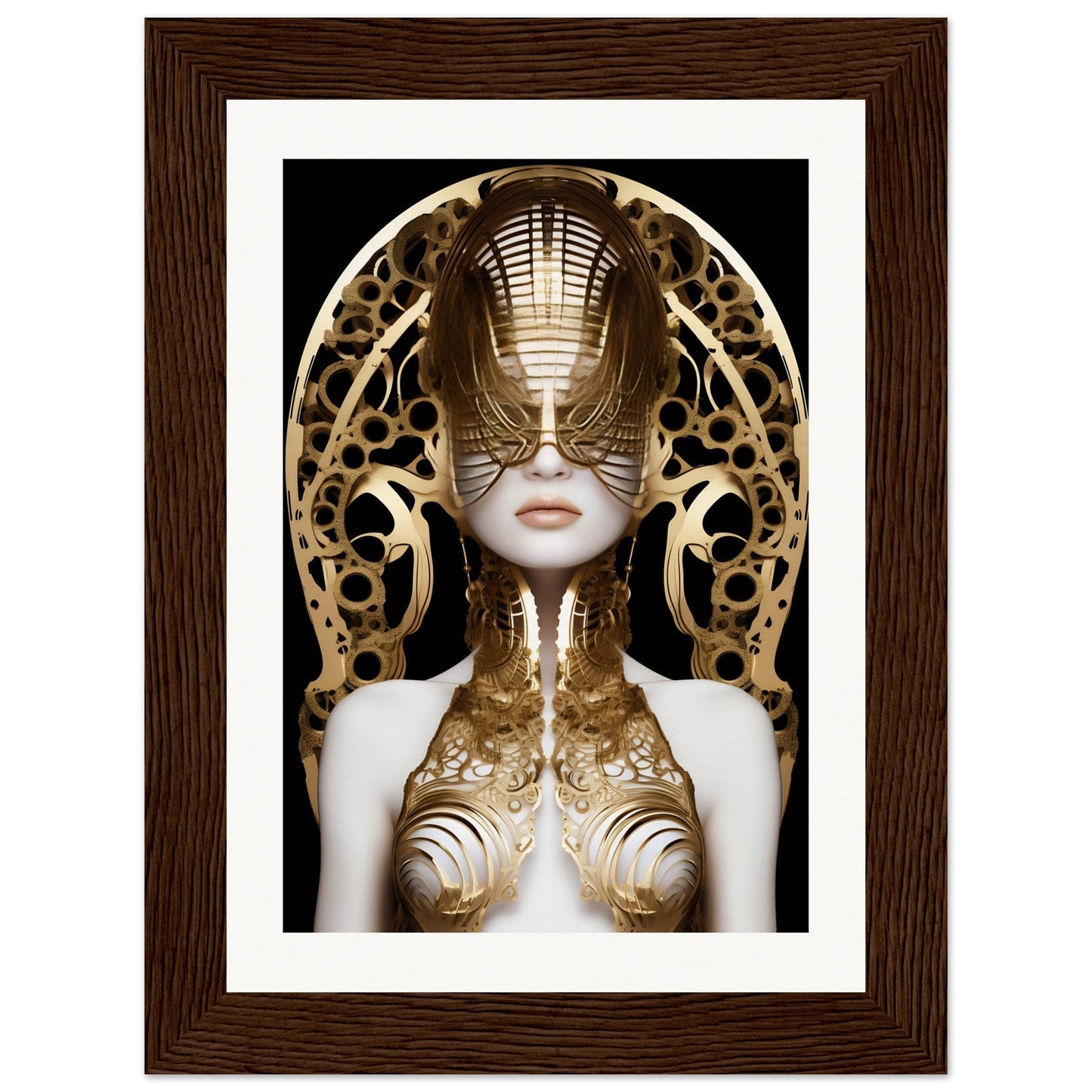 Surreal portrait of a figure adorned with intricate golden metalwork and an elaborate headdress.