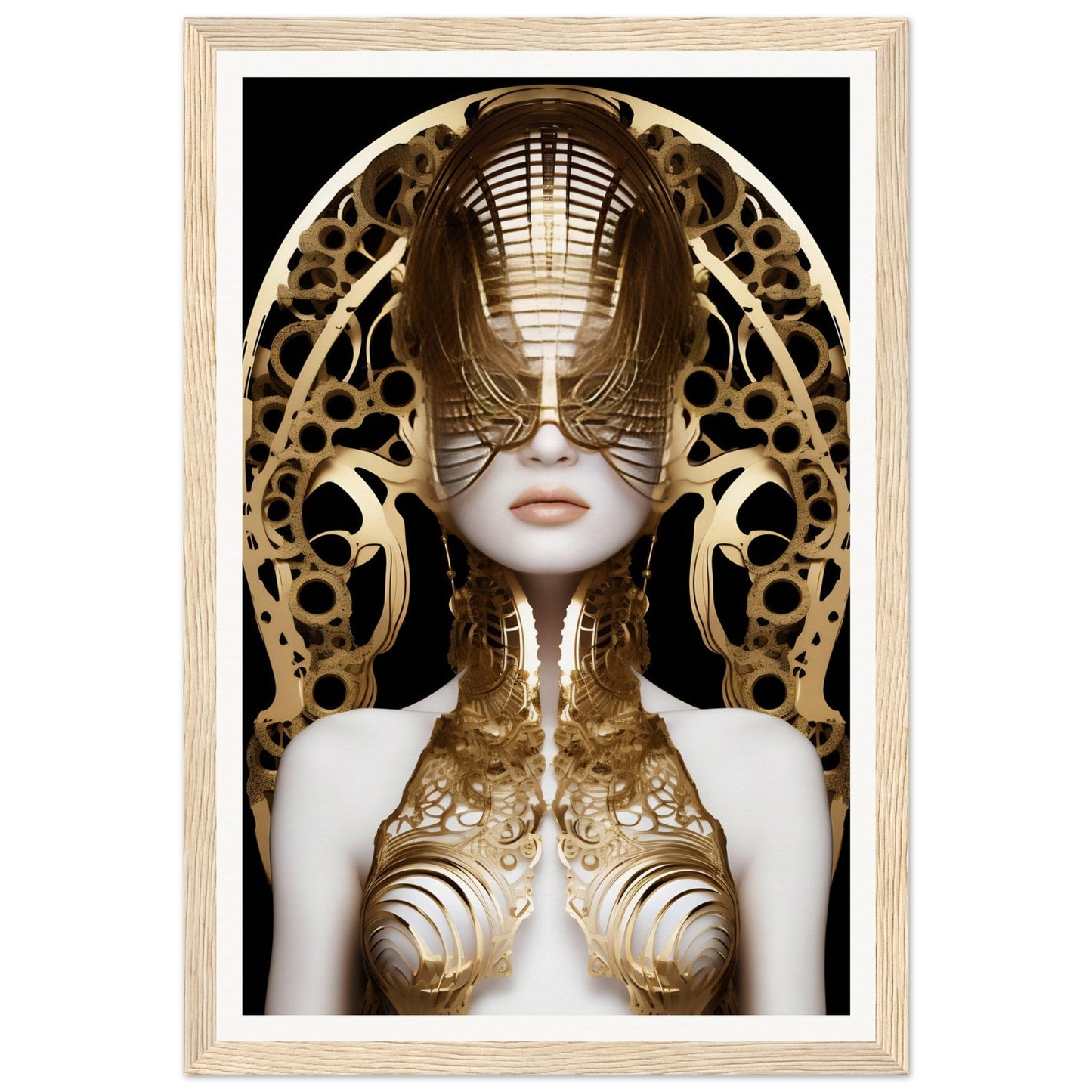 Surreal portrait of a figure wearing an elaborate golden mask and ornate metallic body adornments.