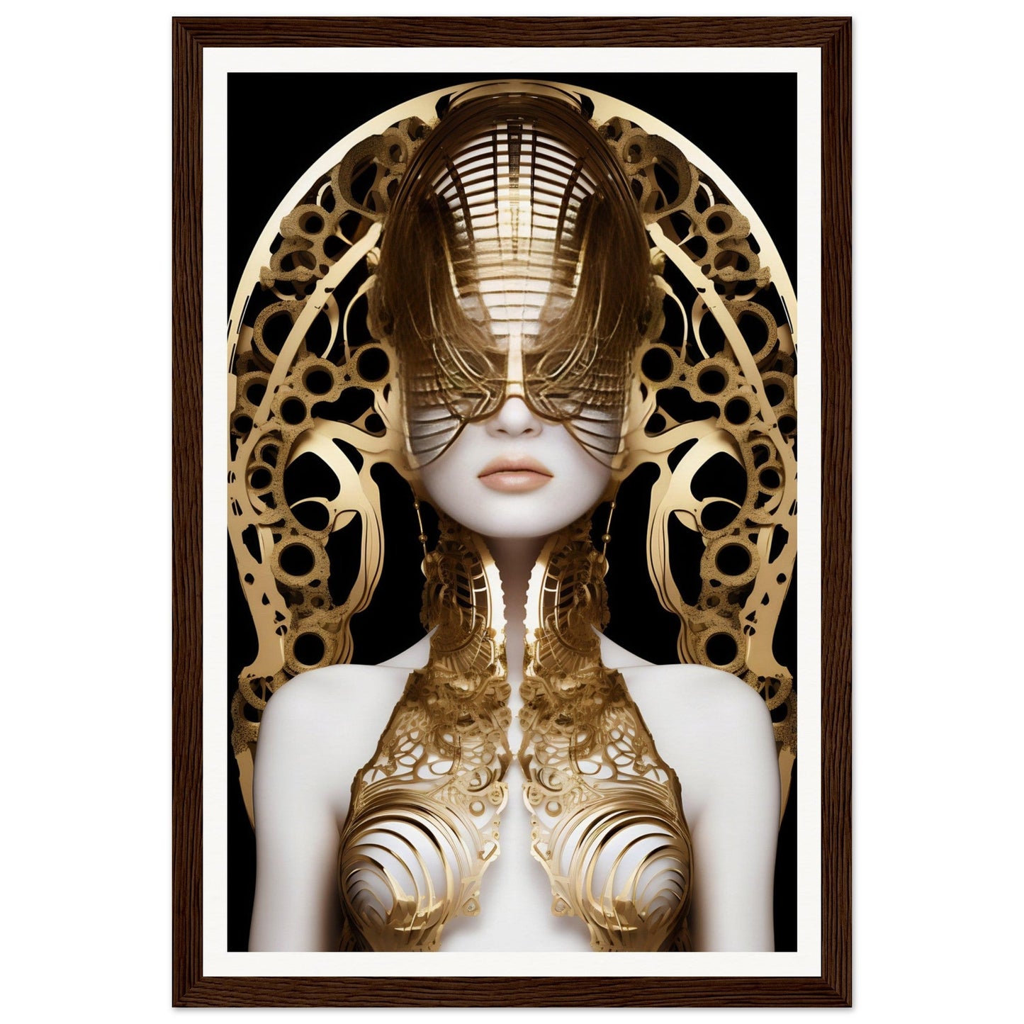 Surreal portrait of a figure wearing an elaborate golden mask and ornate metallic body adornments.