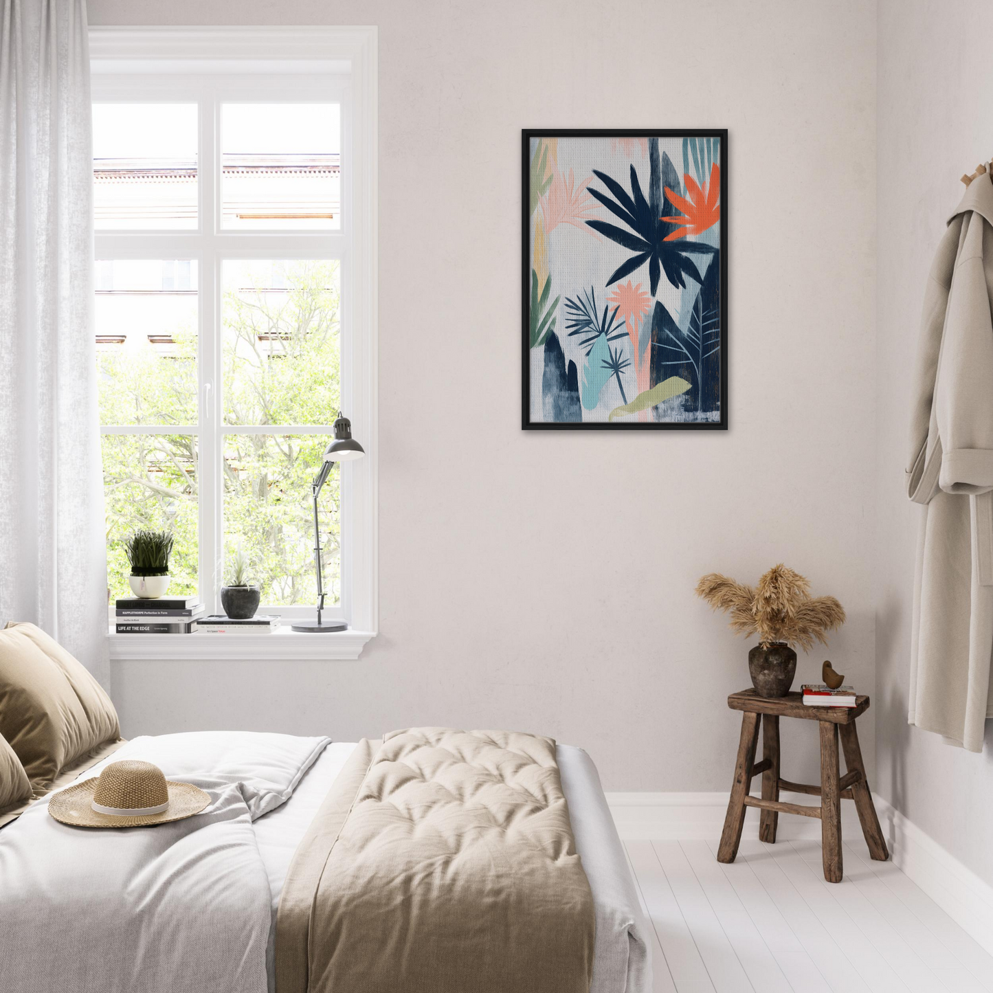 Bright bedroom with white decor and Terra Kaleidoscope Wild artwork for stylish room decor