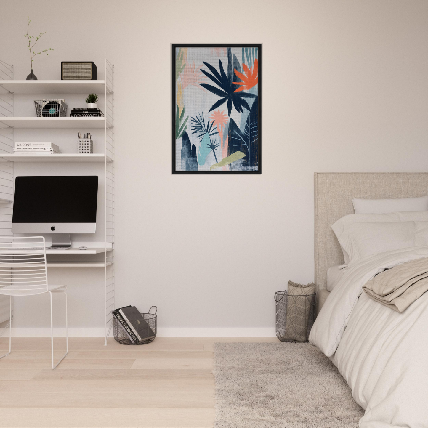 Framed tropical plant artwork featuring blue and orange palm leaves for Terra Kaleidoscope Wild