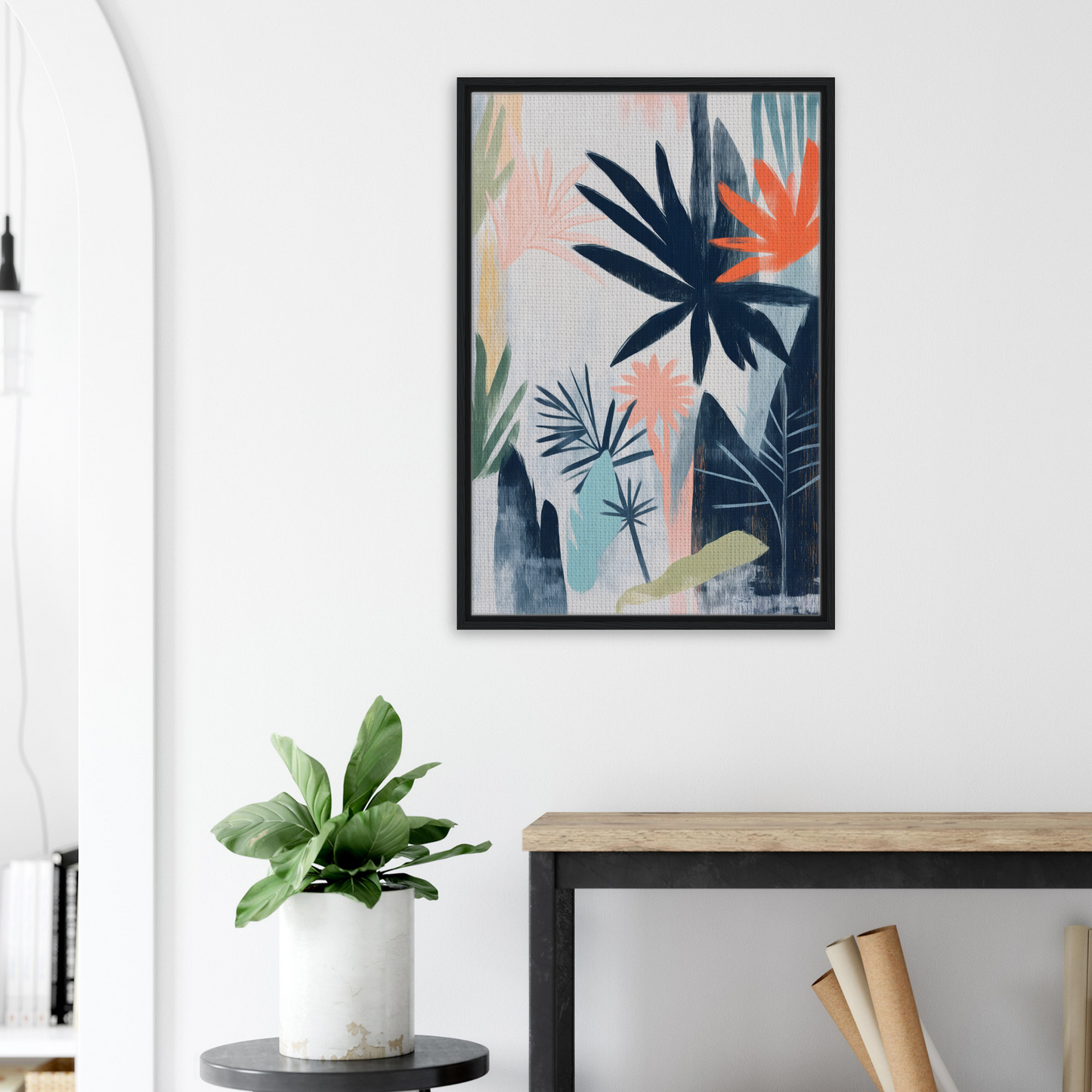 Framed abstract tropical plant artwork in muted colors, Terra Kaleidoscope Wild design