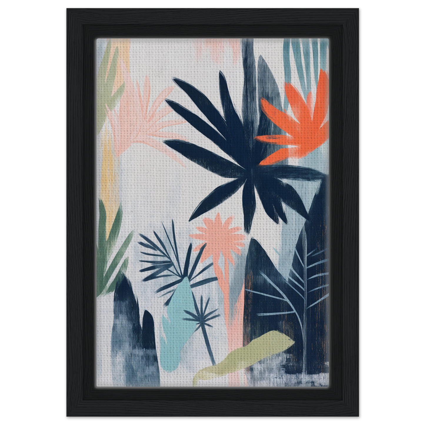 Abstract tropical artwork with palm fronds in navy, coral, and mint for Terra Kaleidoscope Wild