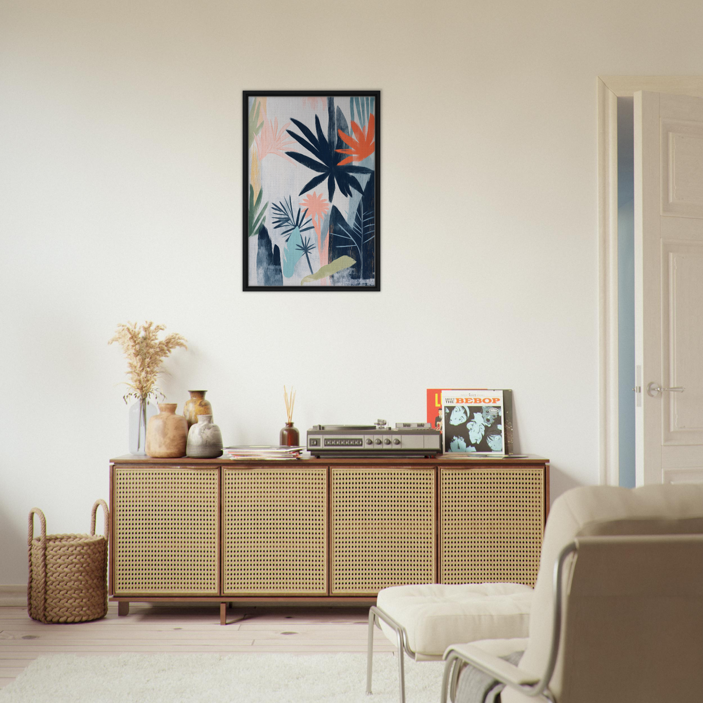 Wooden sideboard with cane-webbed doors and decor for Terra Kaleidoscope Wild room decor