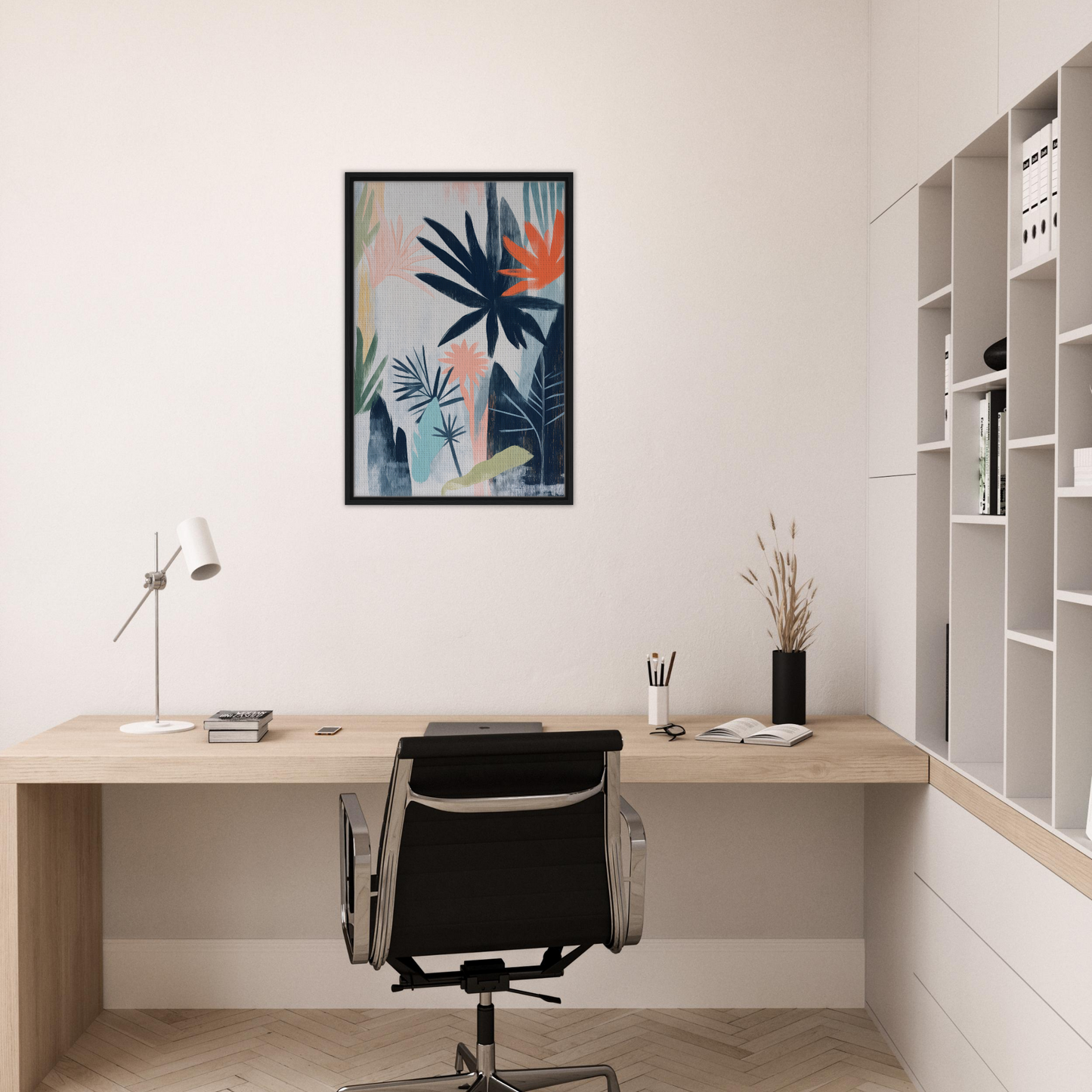 Minimalist home office featuring Terra Kaleidoscope Wild framed artwork and wooden desk