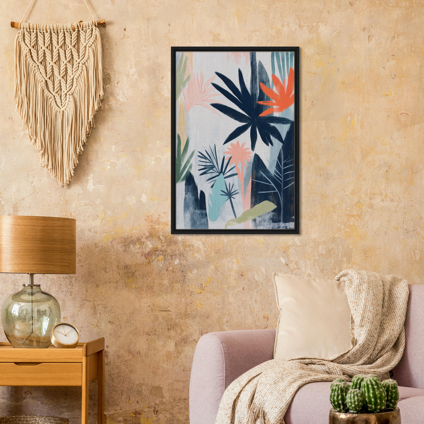 Framed canvas print of Terra Kaleidoscope Wild with tropical leaves and geometric shapes
