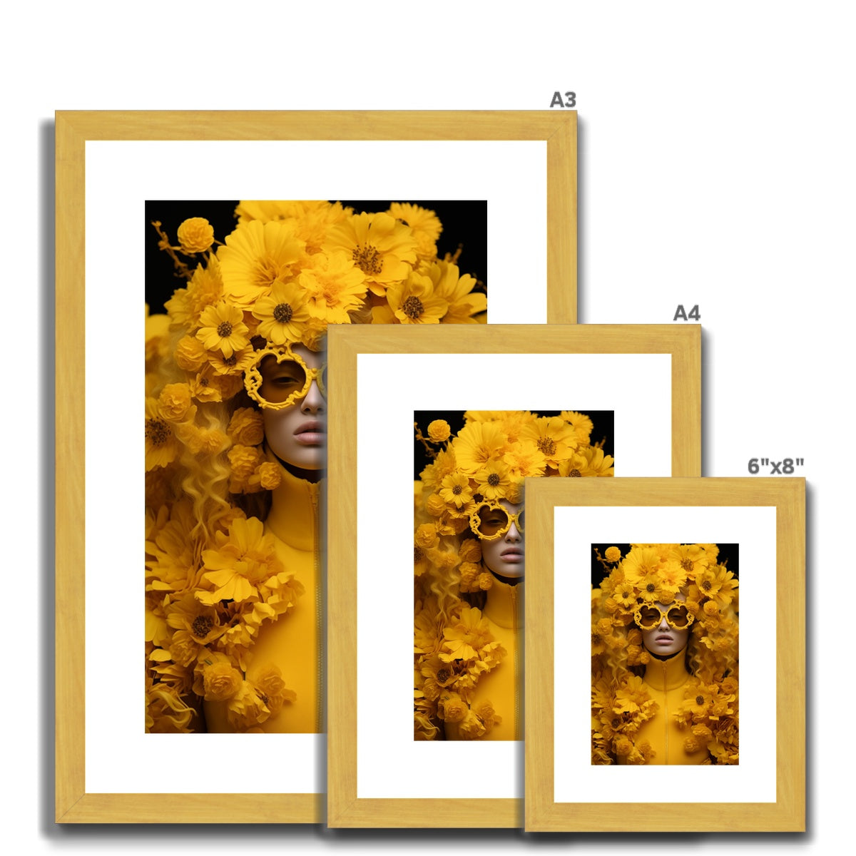 Three framed prints with a woman in yellow flowers
