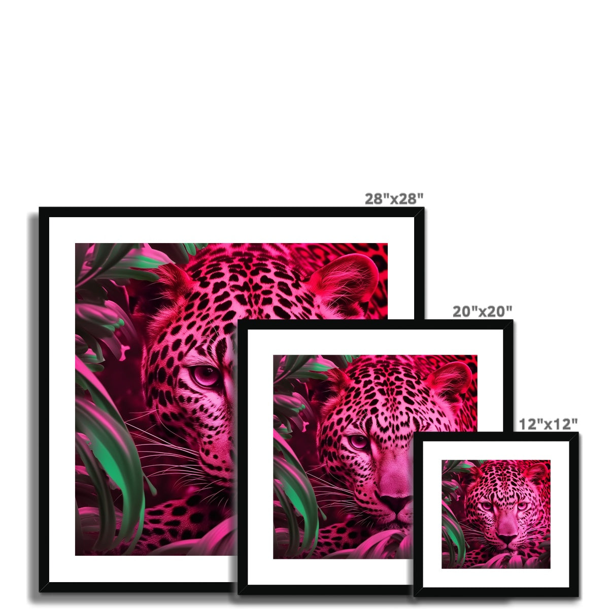 Three frameds with pink leopards and green leaves