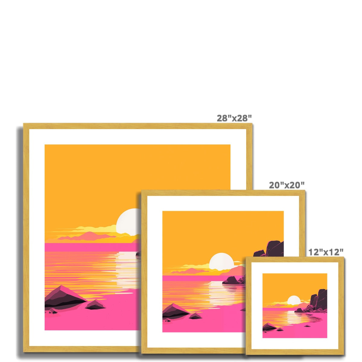 Three prints of sunsets on a white background