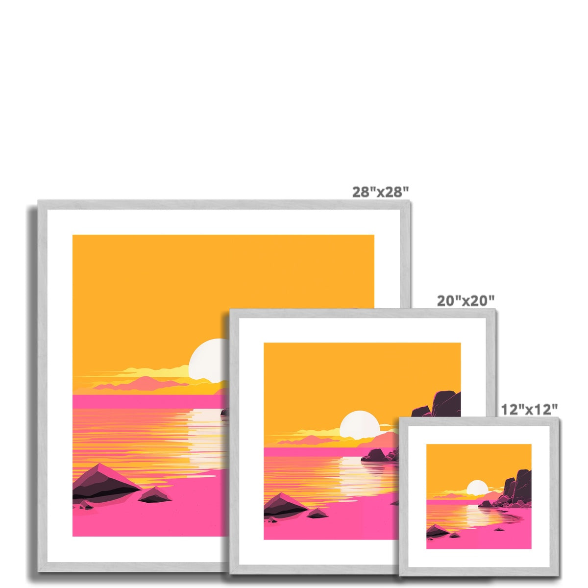 Three prints of sunsets on a white background