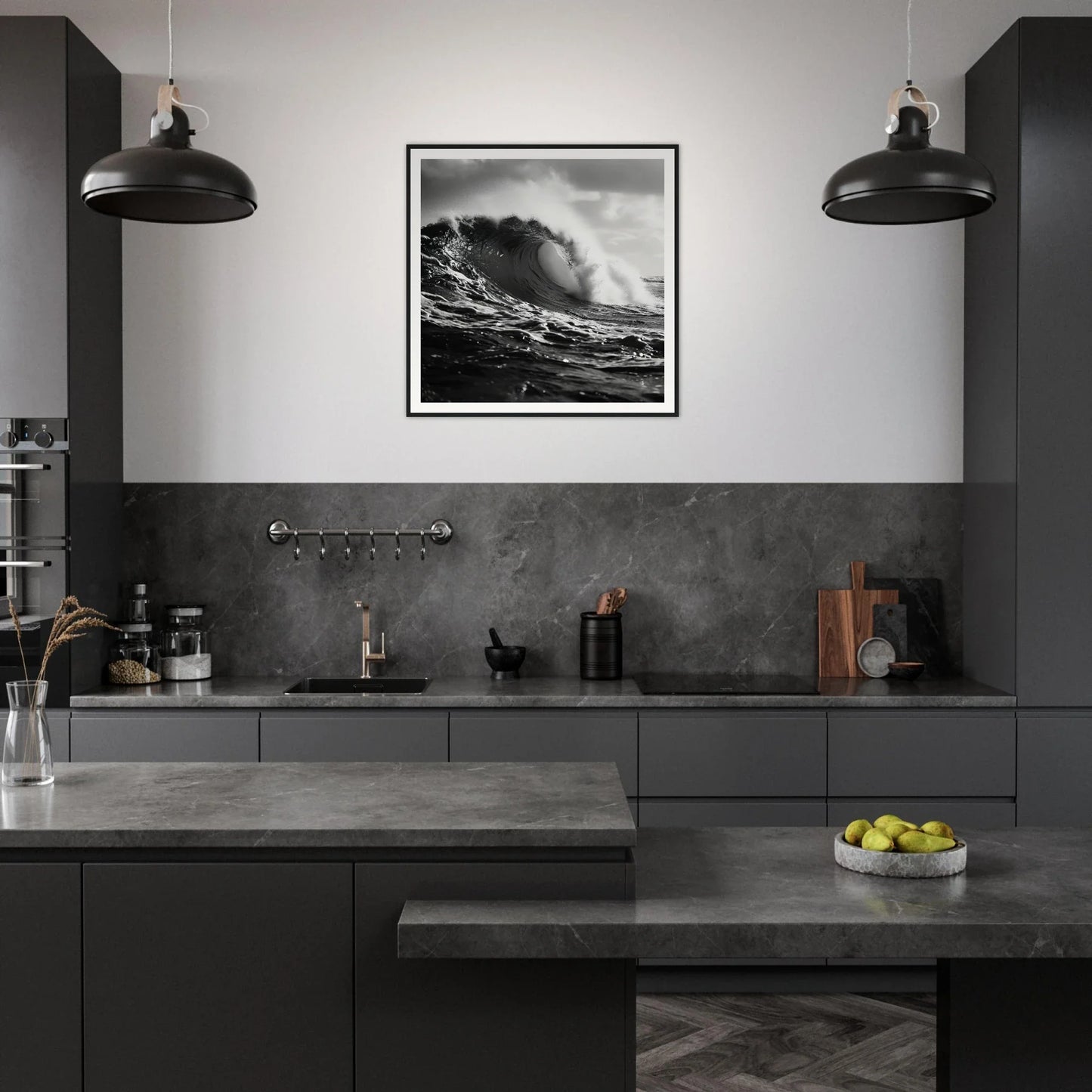 Modern dark gray kitchen featuring Tidal Convergence Whisper framed wall art and black lights