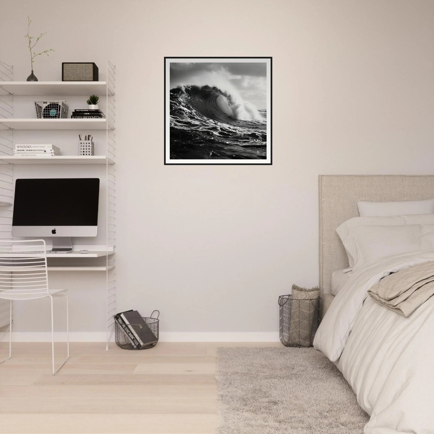 Minimalist bedroom featuring Tidal Convergence Whisper art and iMac on floating shelves