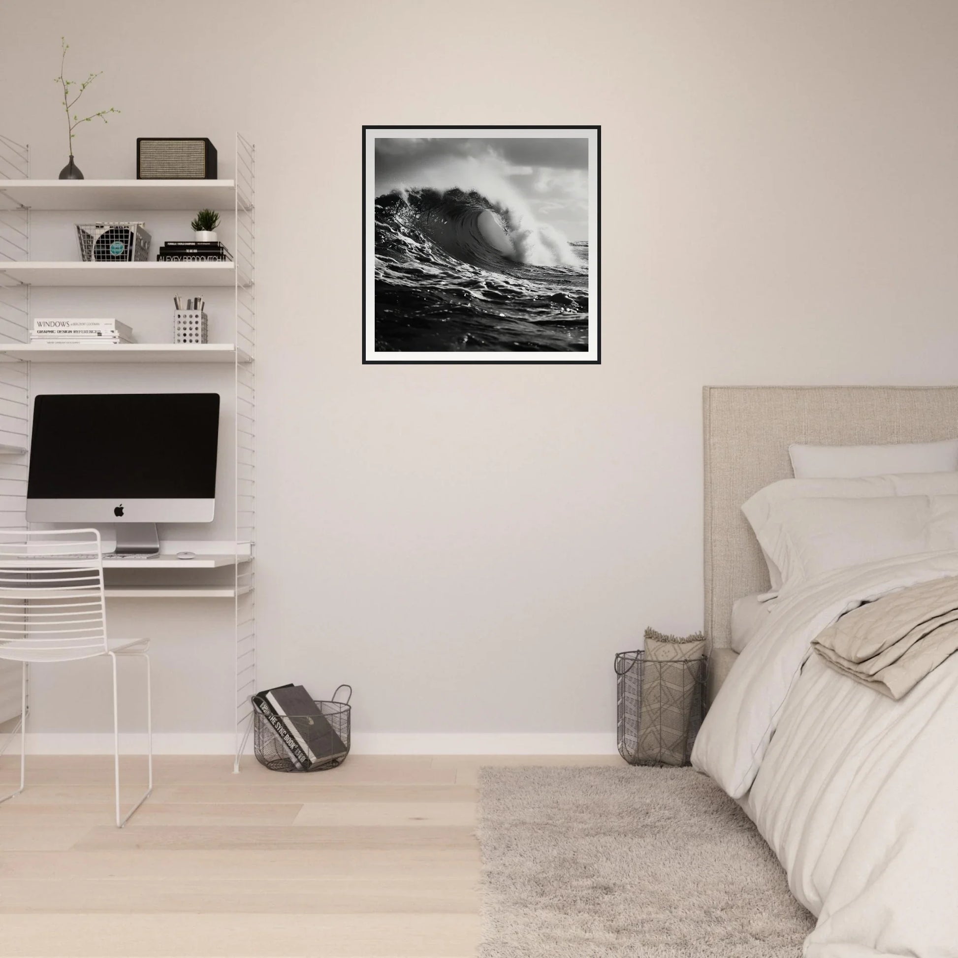 Minimalist bedroom featuring Tidal Convergence Whisper art and iMac on floating shelves