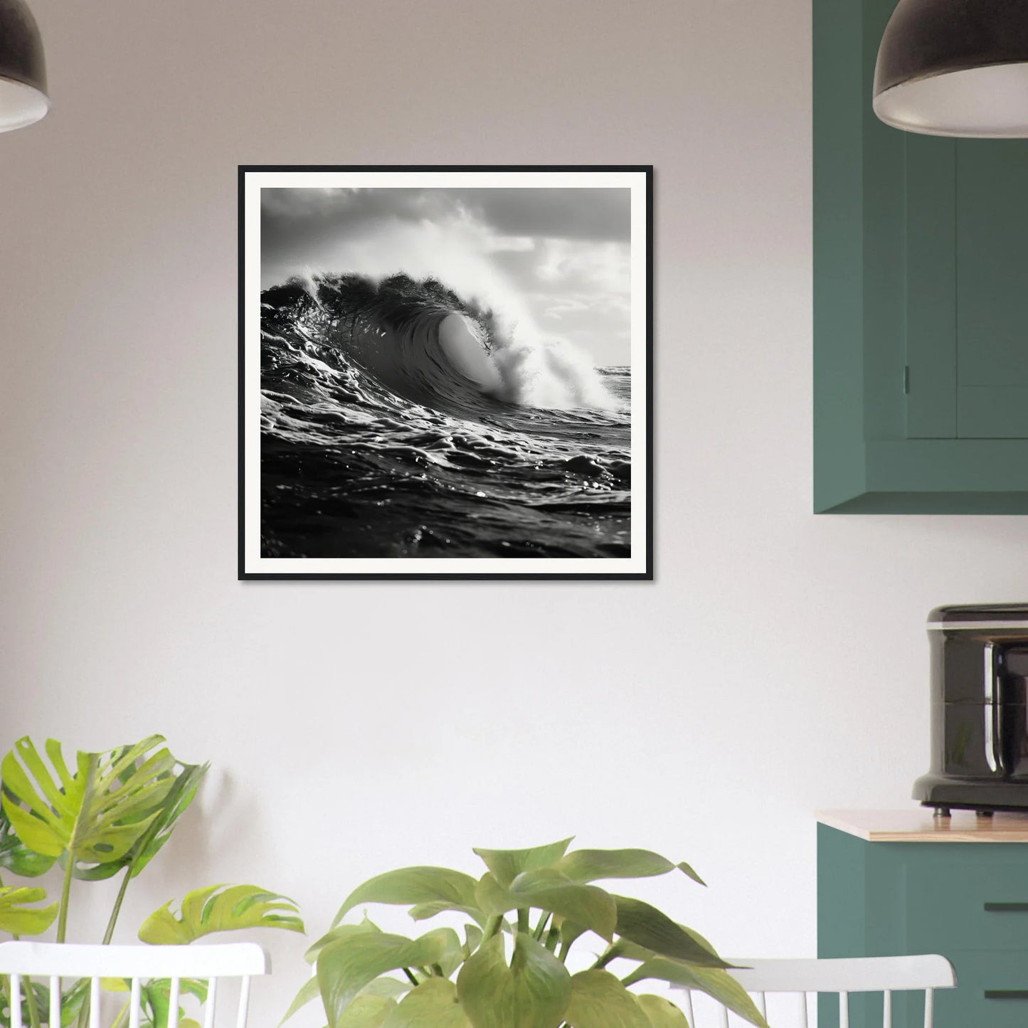 Black and white framed wall art of ocean wave from Tidal Convergence Whisper special edition art™