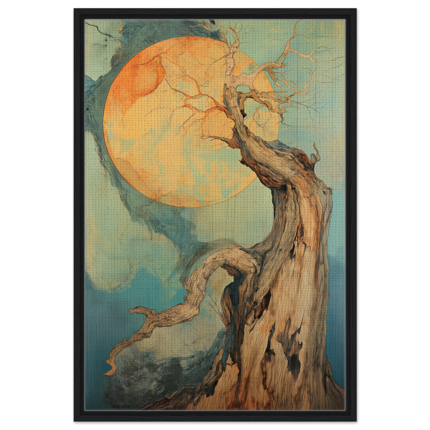 Gnarled tree branches reaching toward a glowing moon in Timeless Cosmic Arborete