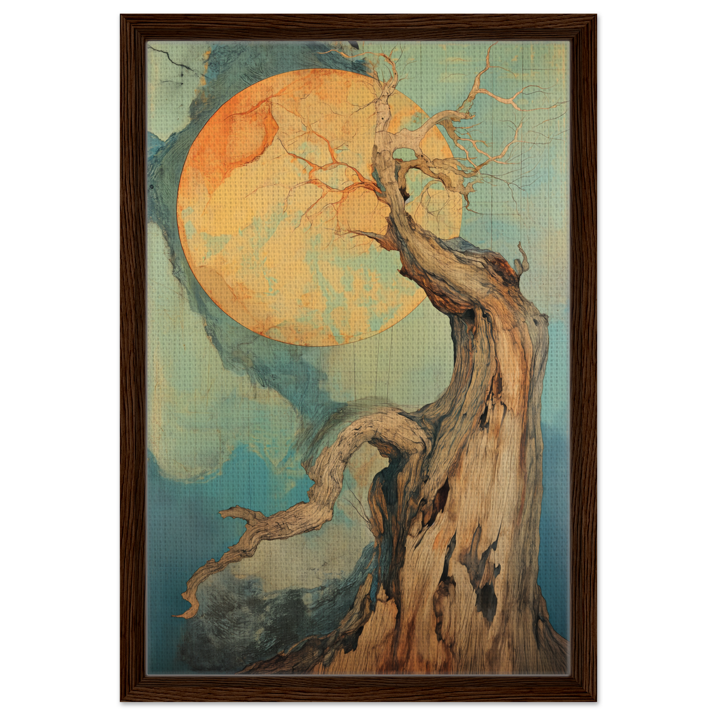 Gnarled tree silhouetted against orange moon in Timeless Cosmic Arborete room decor