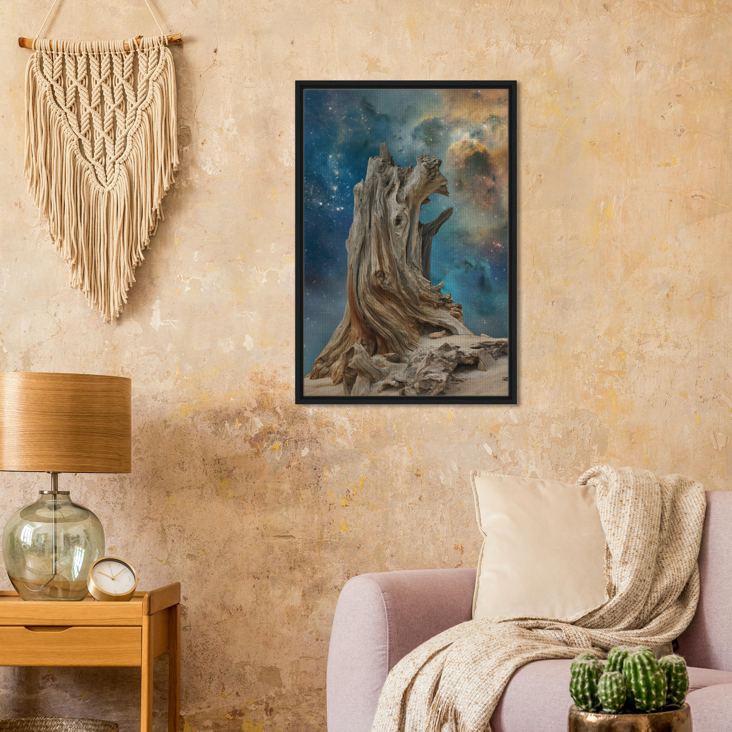 Framed painting of a gnarled tree trunk against a cosmic sky for timeless cosmic stoke