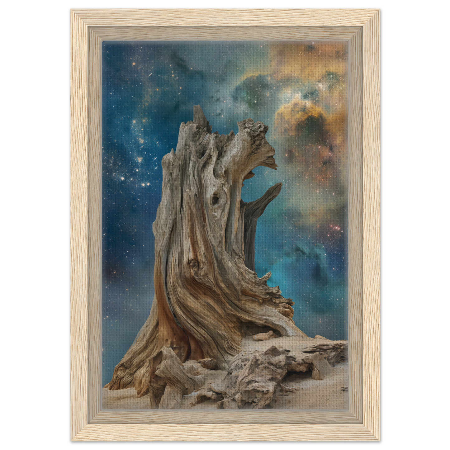 Gnarled tree stump with twisted roots featured in Timeless Cosmic Stoke framed canvas print
