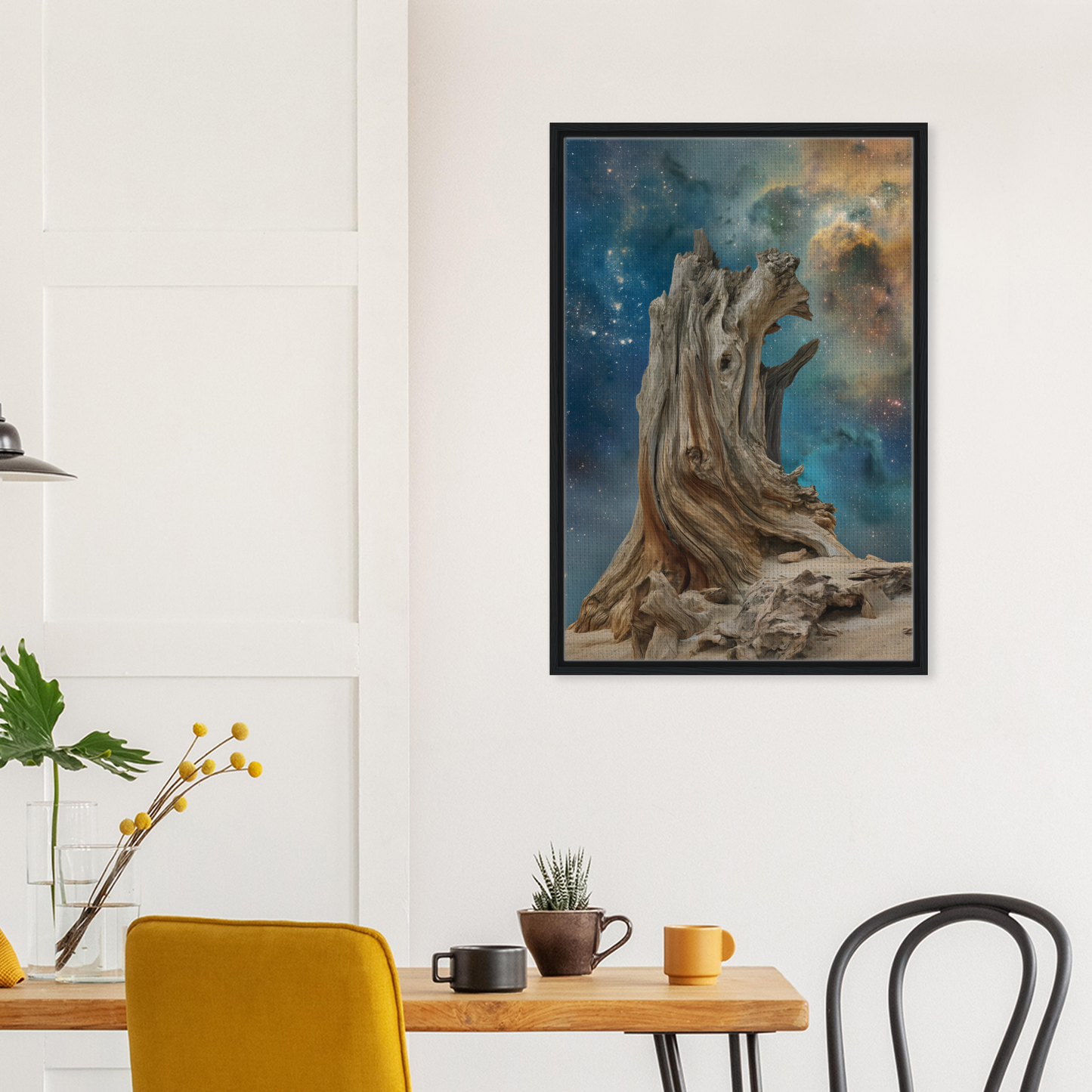 Framed artwork of a gnarled tree trunk against a cosmic sky for timeless cosmic stoke room decor