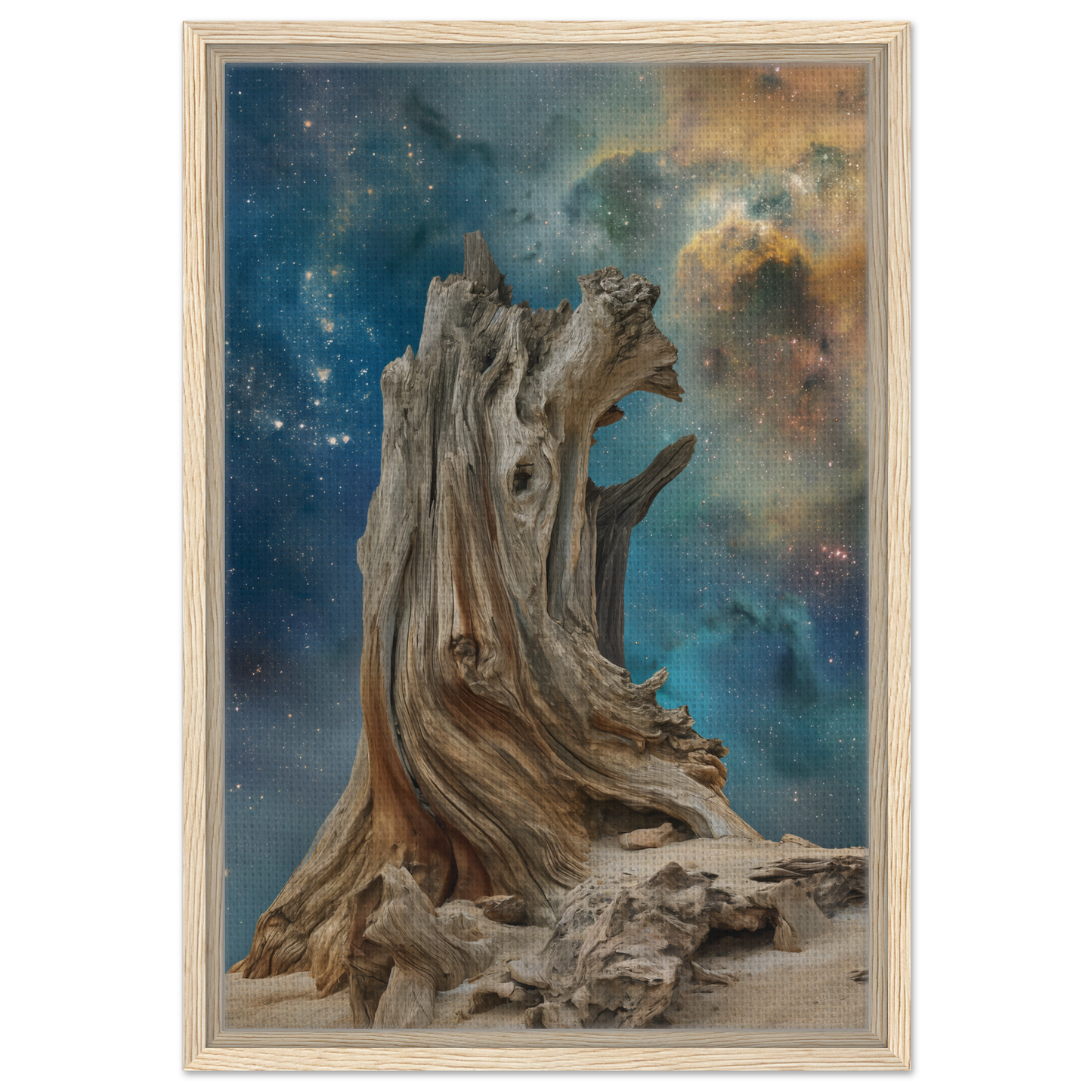 Gnarled tree stump with branches against a cosmic backdrop in Timeless Cosmic Stoke