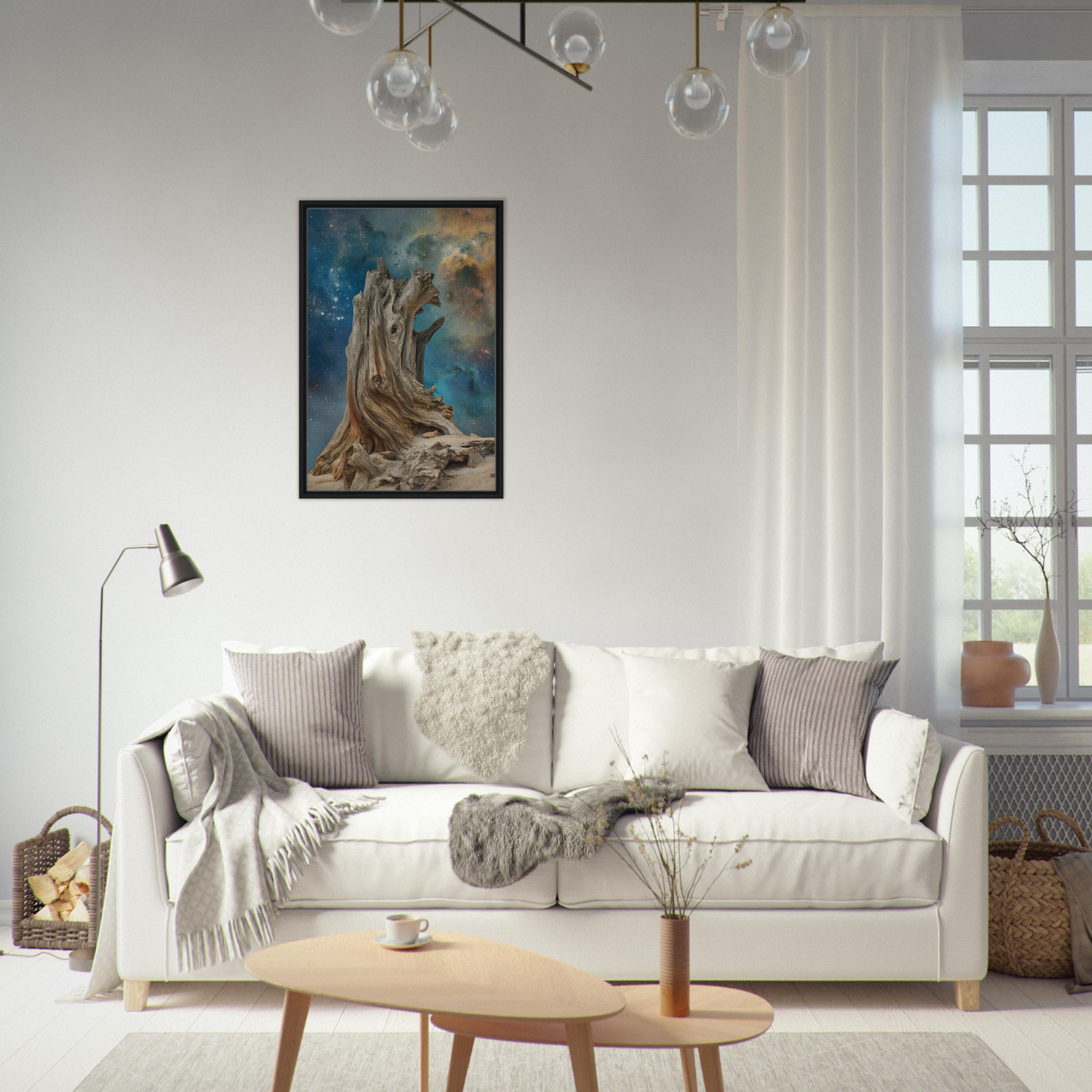 White sofa with throw pillows and blankets enhancing the Timeless Cosmic Stoke room decor