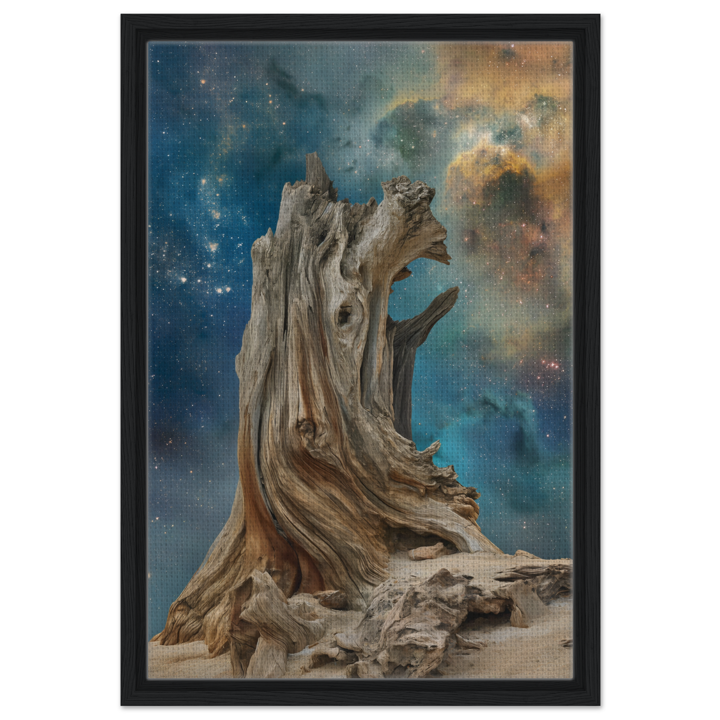 Gnarled tree stump with cosmic backdrop, a unique piece for Timeless Cosmic Stoke decor
