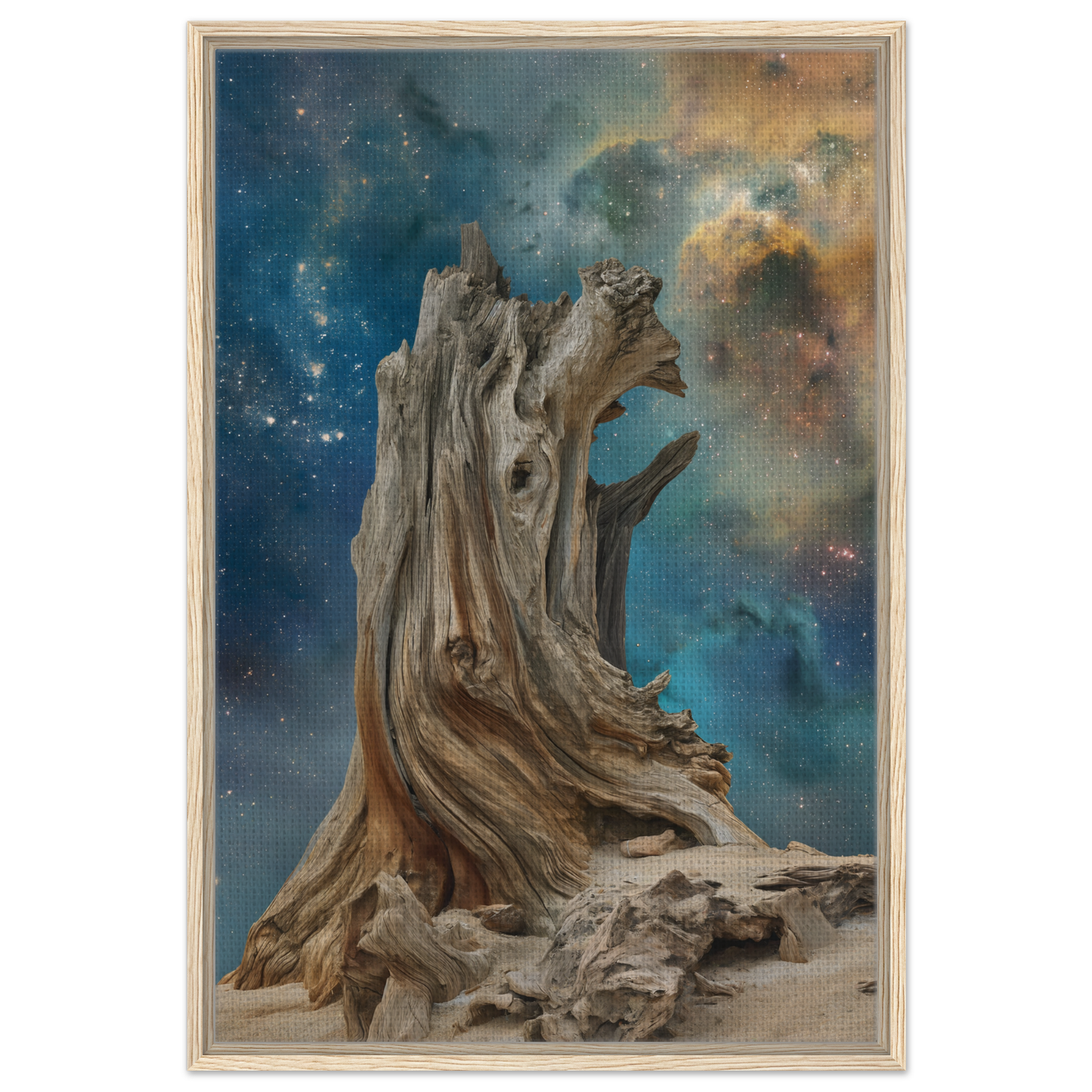 Gnarled tree stump with exposed roots, ideal for Timeless Cosmic Stoke room decor