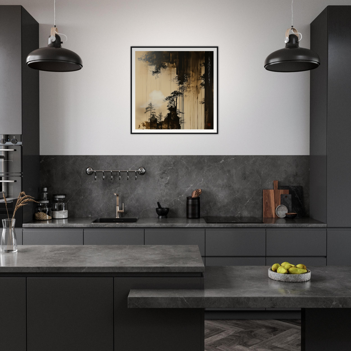 Modern dark gray kitchen in Timeless Ink Grove featuring industrial pendant lights