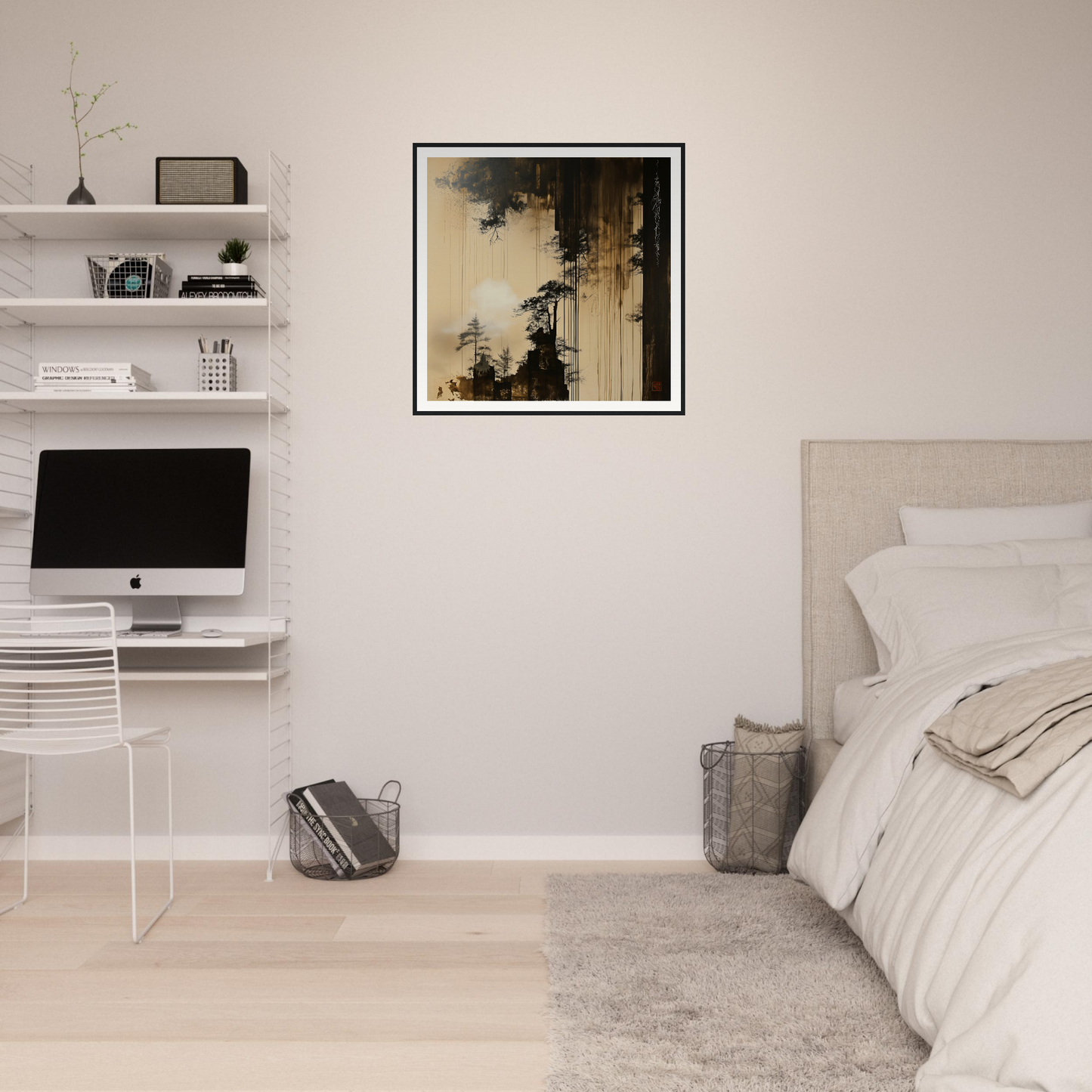 Minimalist bedroom workspace featuring iMac and floating shelves in Timeless Ink Grove