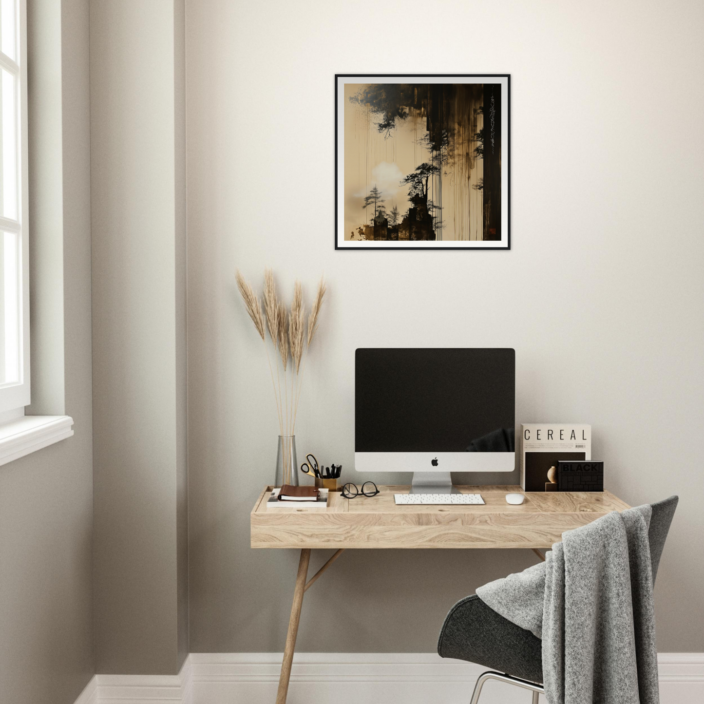 Minimalist wooden desk featuring iMac and pampas grass in Timeless Ink Grove