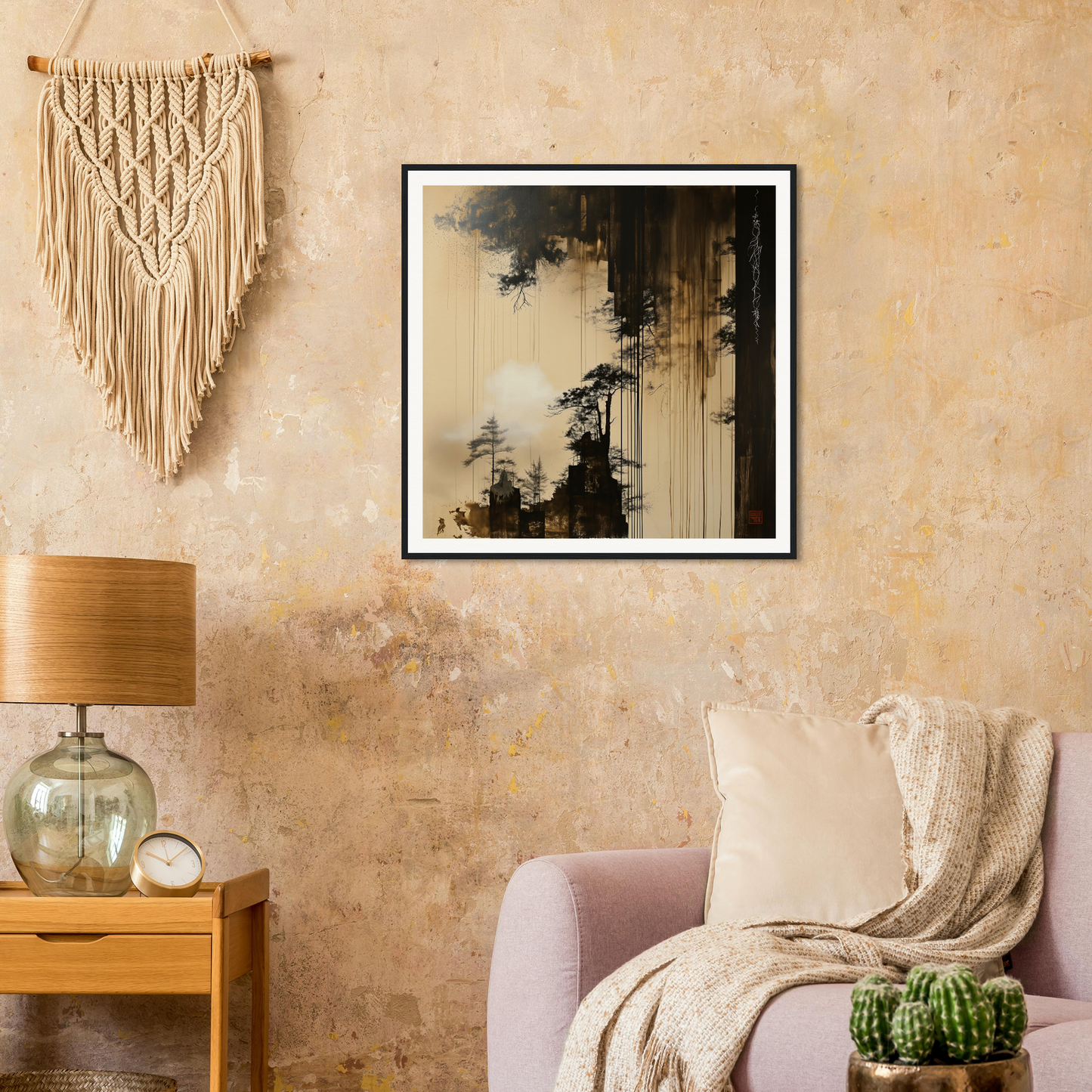 Cream macramé wall hanging in geometric pattern from Timeless Ink Grove collection
