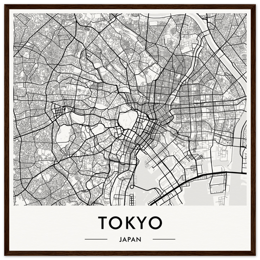 Map of Tokyo, Japan showing streets and urban layout in black and white.