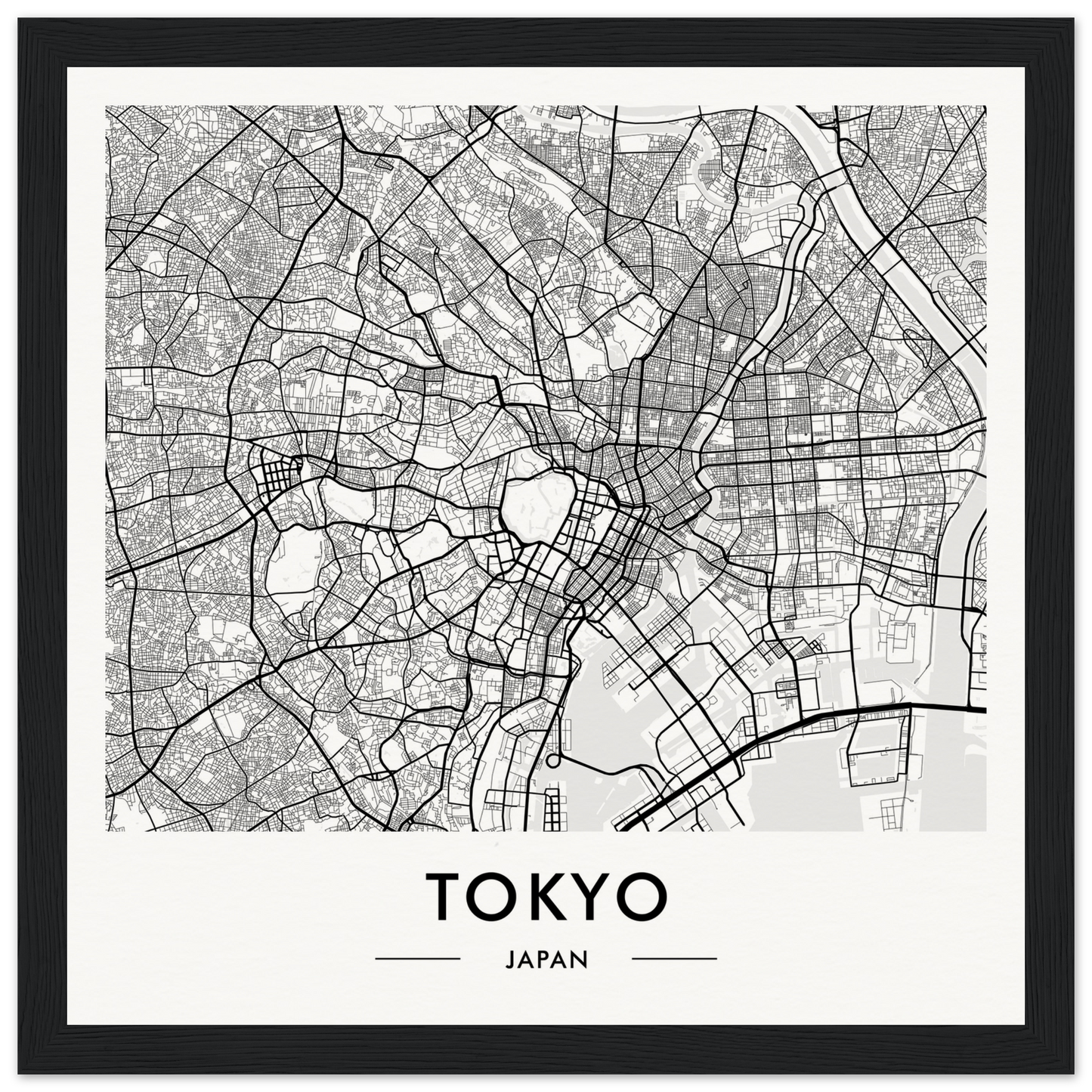 Map of Tokyo, Japan, showing the city’s street layout and major features in black and white.