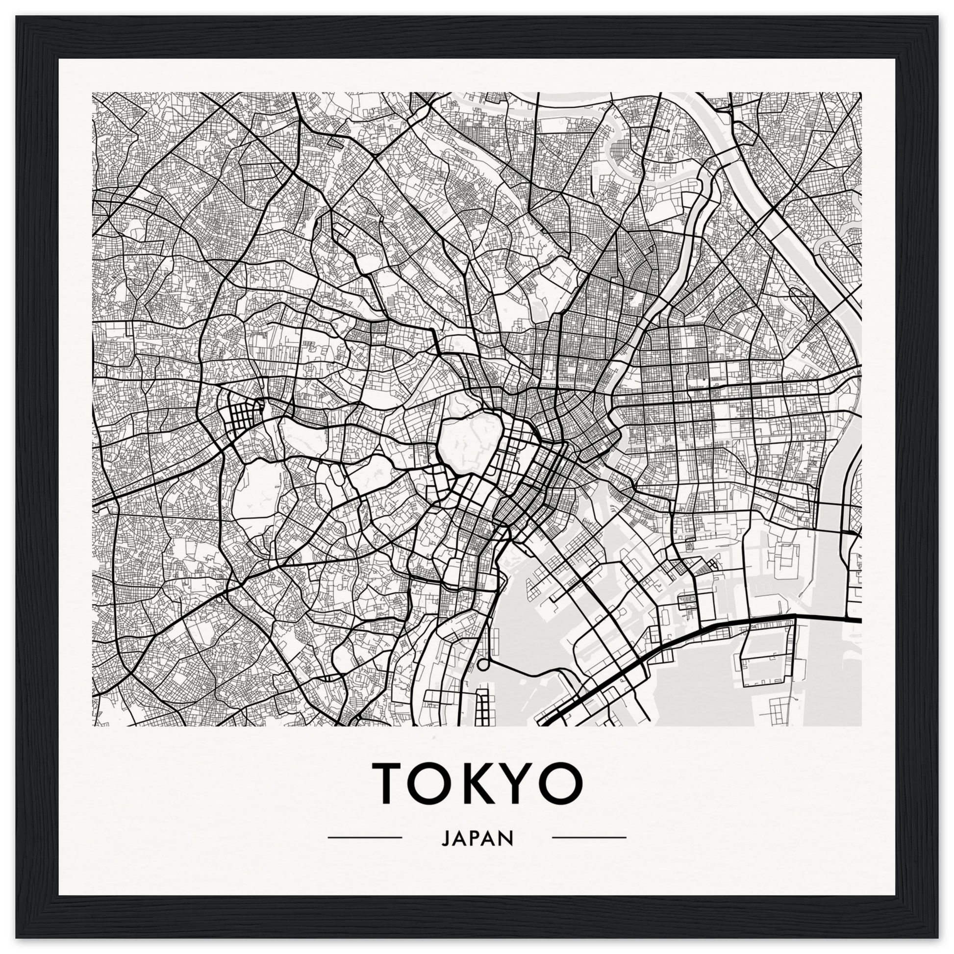 Map of Tokyo, Japan, showing the city’s street layout and major features in black and white.