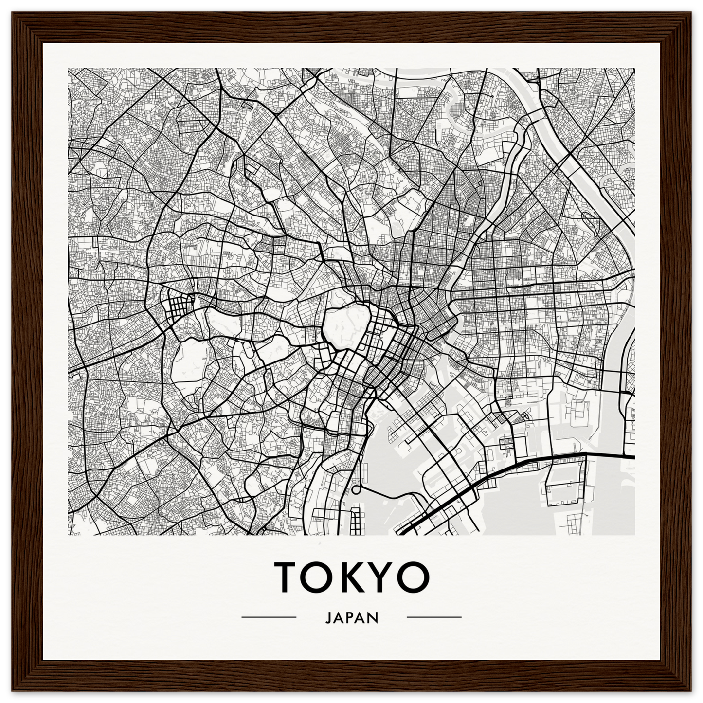 Map of Tokyo, Japan, showing streets and urban layout in black and white.