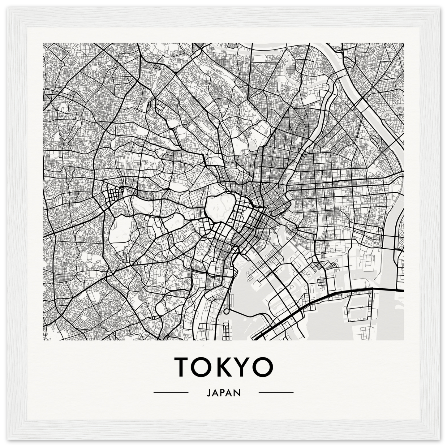 Map of Tokyo, Japan showing streets and urban layout in black and white.