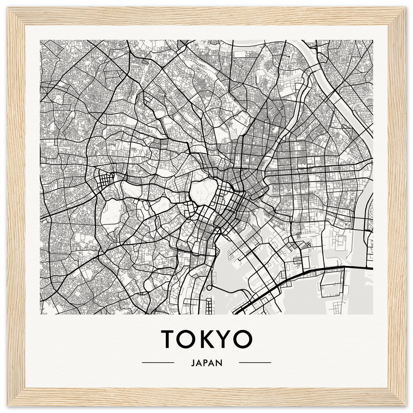 Map of Tokyo, Japan, showing streets and urban layout in black and white.