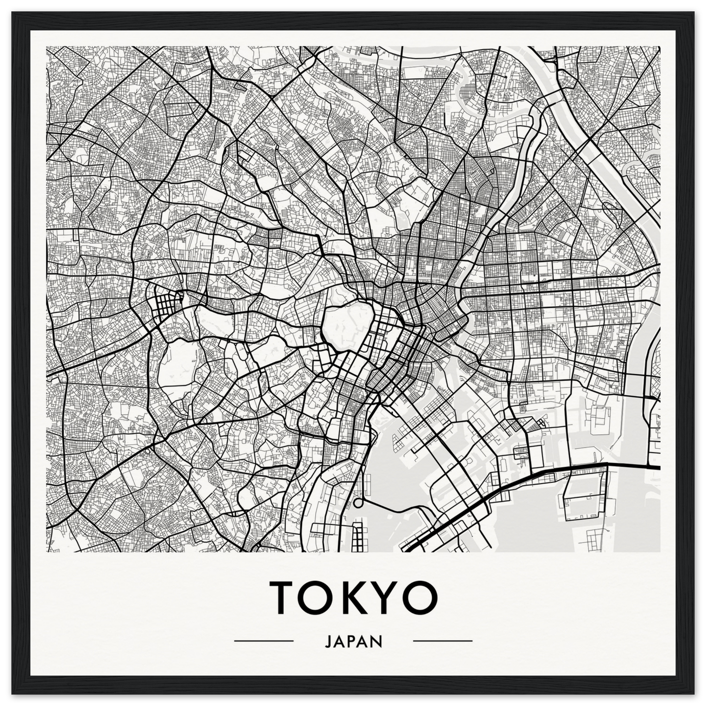 Map of Tokyo, Japan, showing streets and urban layout in black and white.