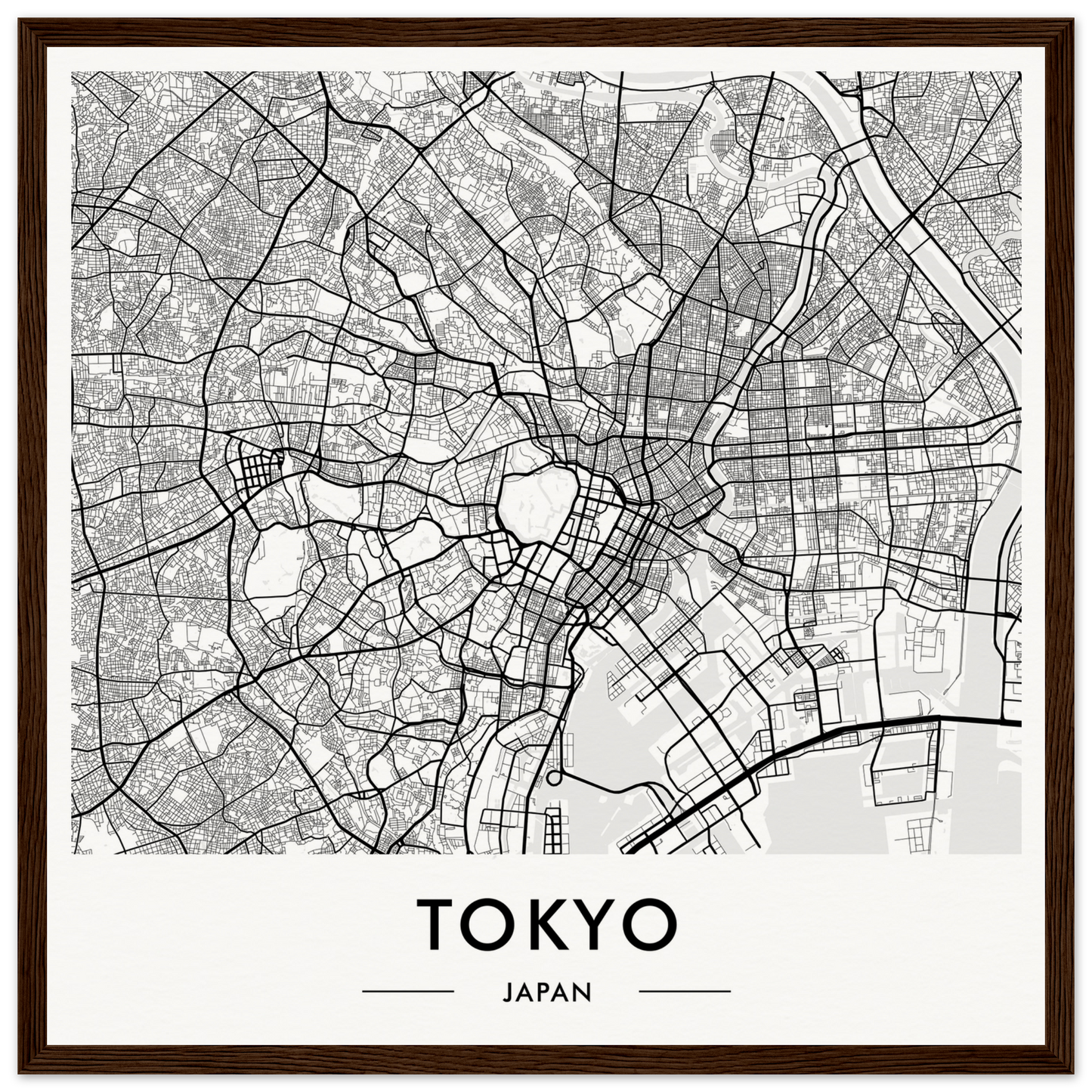 Map of Tokyo, Japan showing streets and urban layout in black and white.
