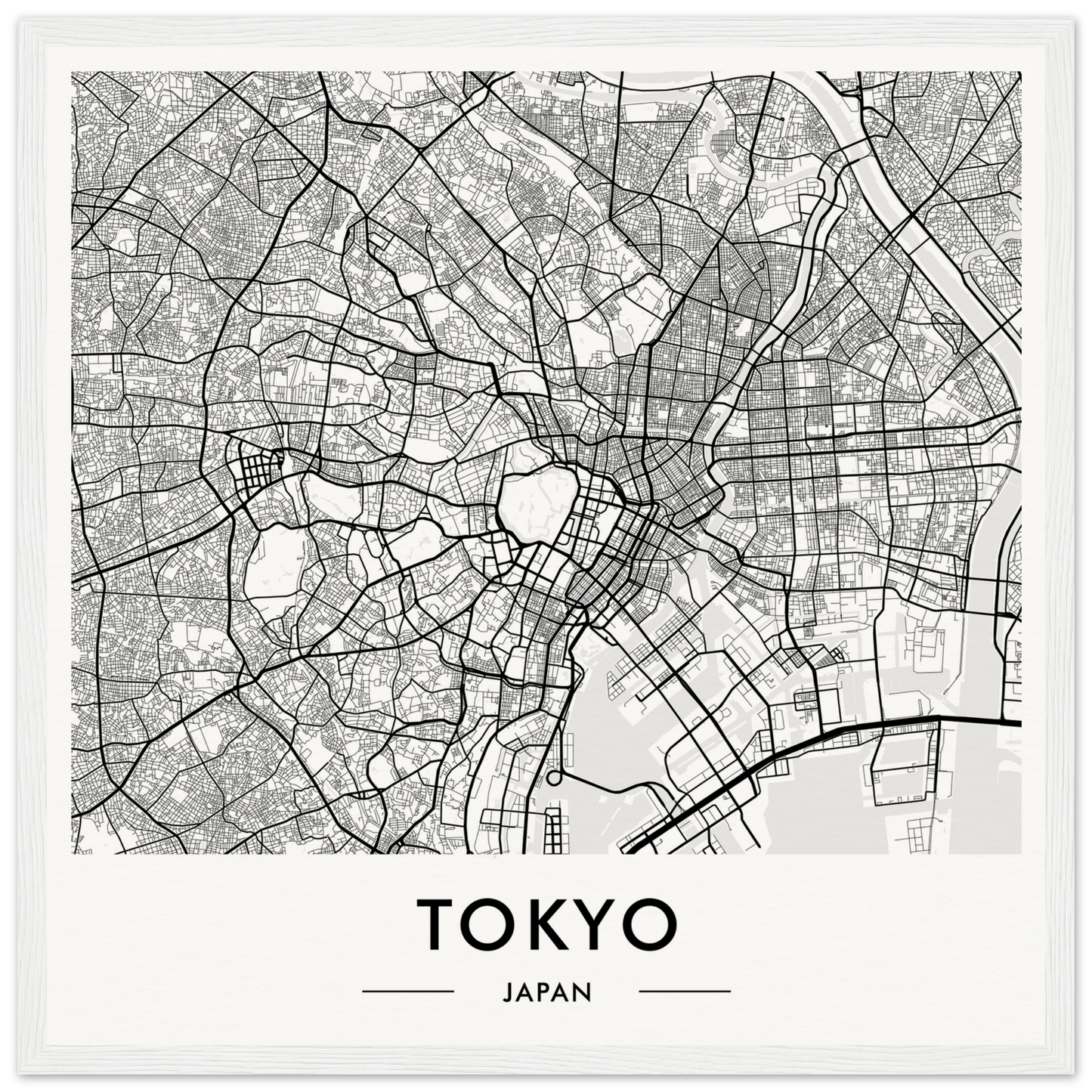 Map of Tokyo, Japan showing streets and urban layout in black and white.