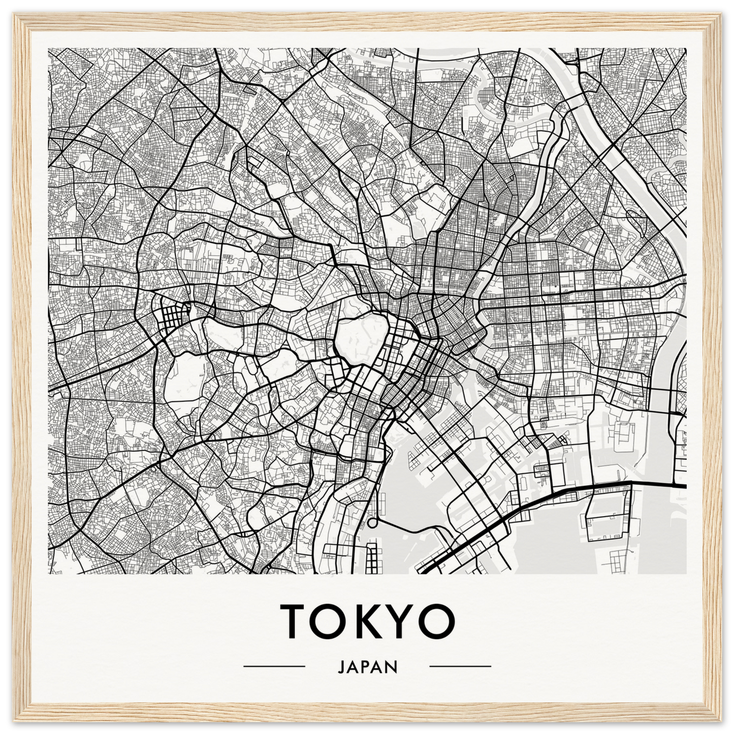 Map of Tokyo, Japan, showing streets and urban layout in black and white.