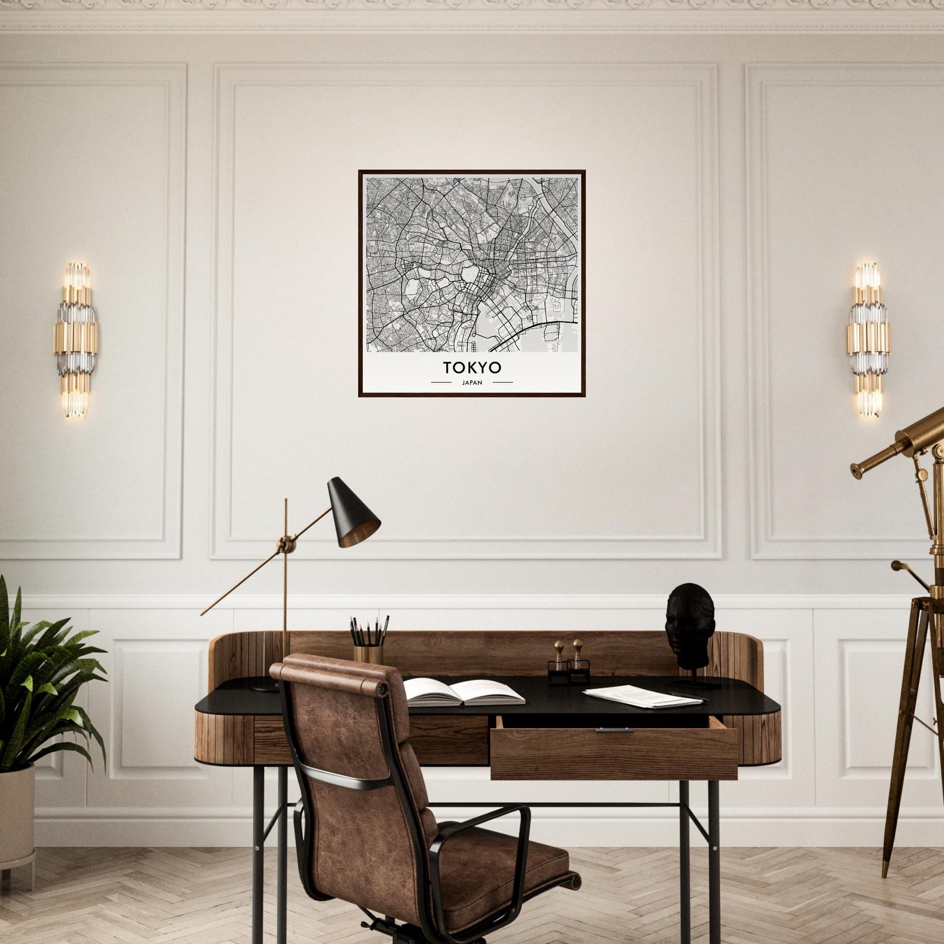Wooden desk with a leather chair in a mid-century modern style.