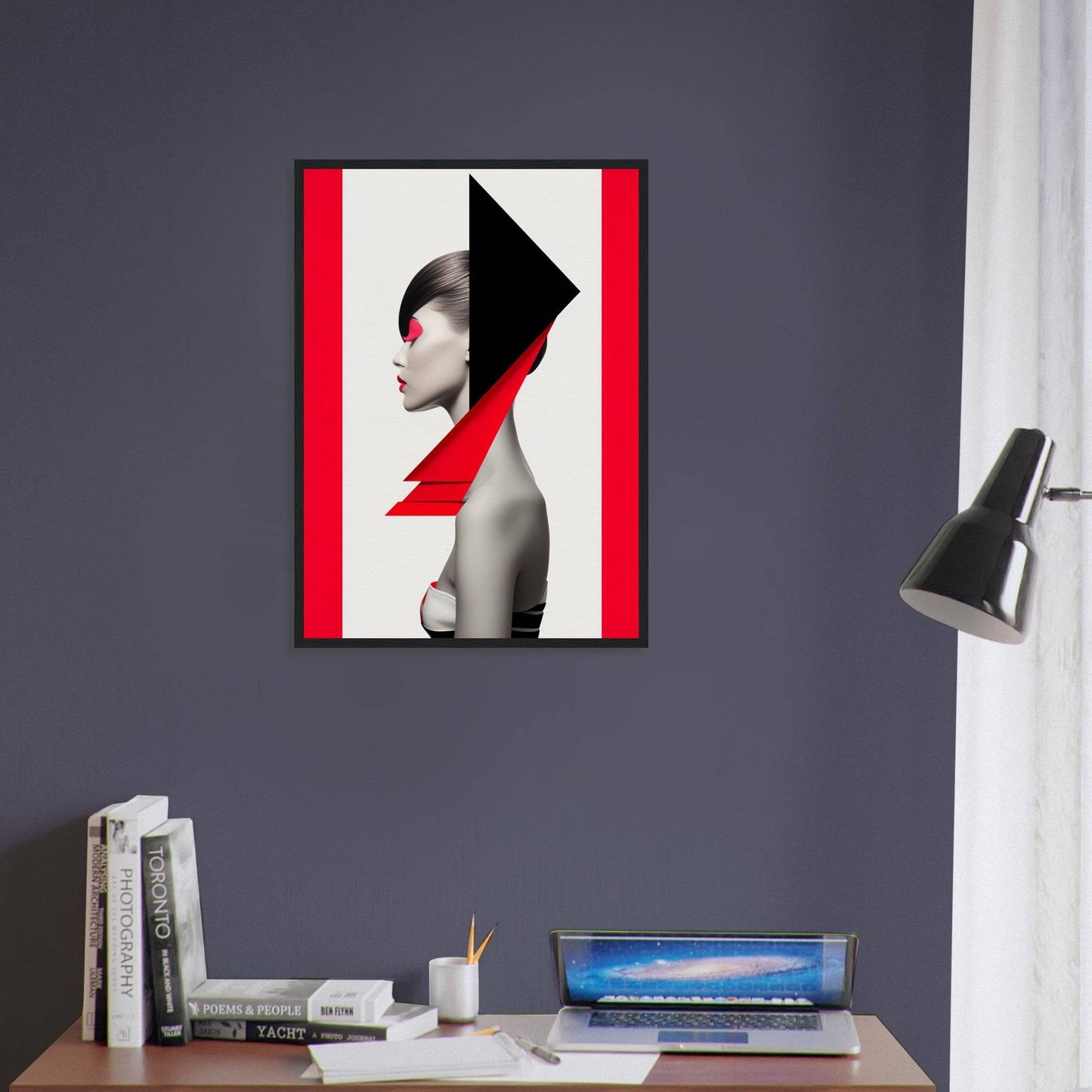 Abstract portrait artwork featuring a profile view with bold red and black geometric shapes.