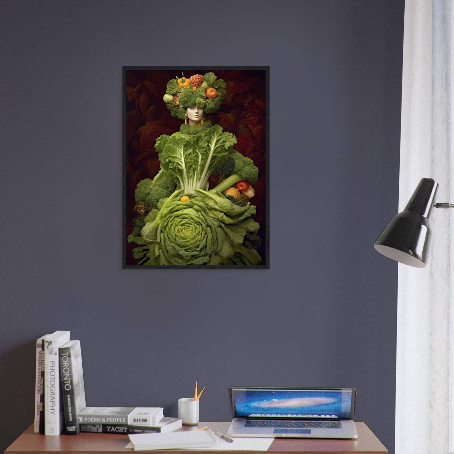 Surreal portrait combining a human figure with vegetables, primarily a large cabbage forming the body and fruits as hair.