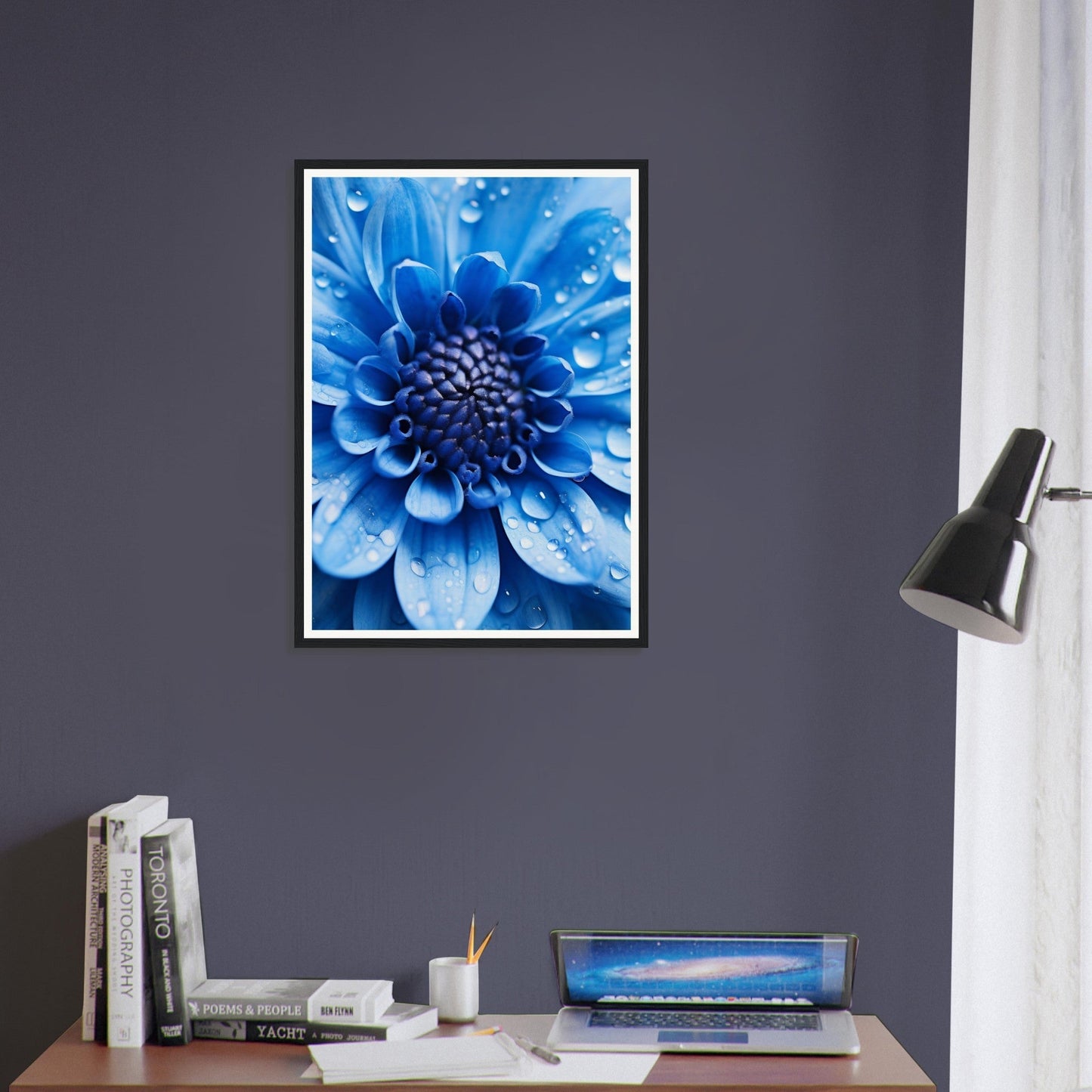 Vibrant blue flower with water droplets in a framed wall art print.