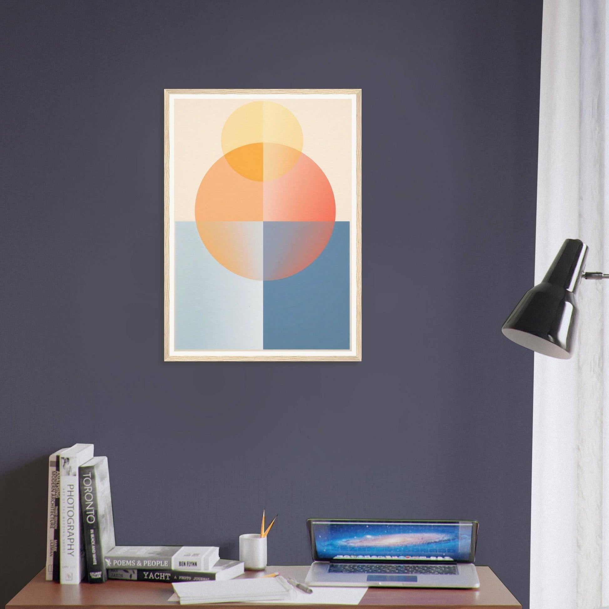 Abstract geometric art print featuring overlapping circles and rectangles in pastel colors.