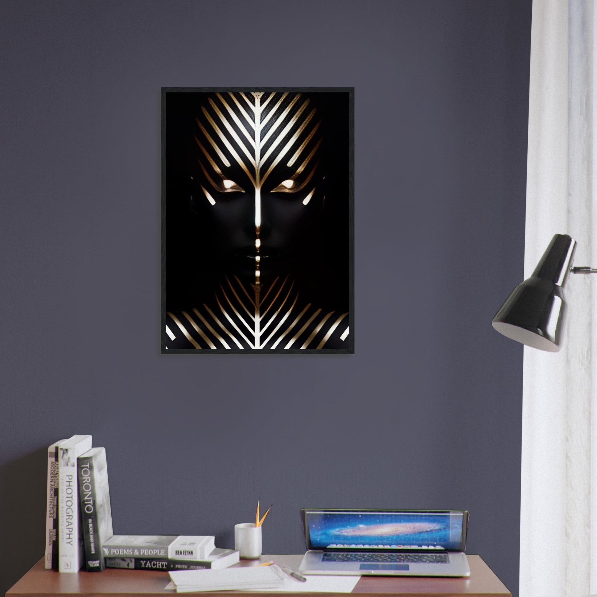 Abstract geometric artwork featuring a stylized face-like pattern with palm frond motifs in gold and black.