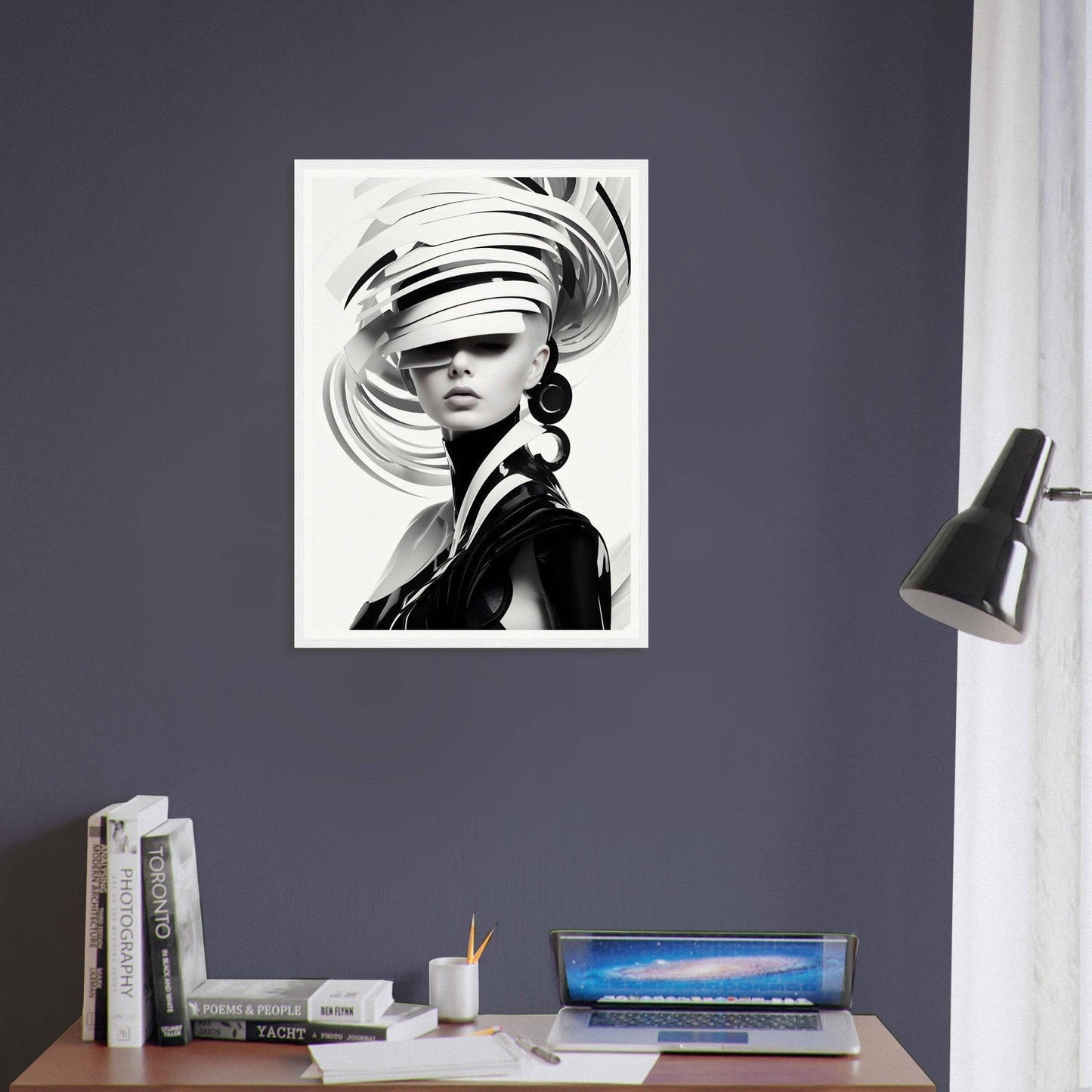 Black and white portrait of a person wearing an elaborate swirling hat and dramatic makeup.